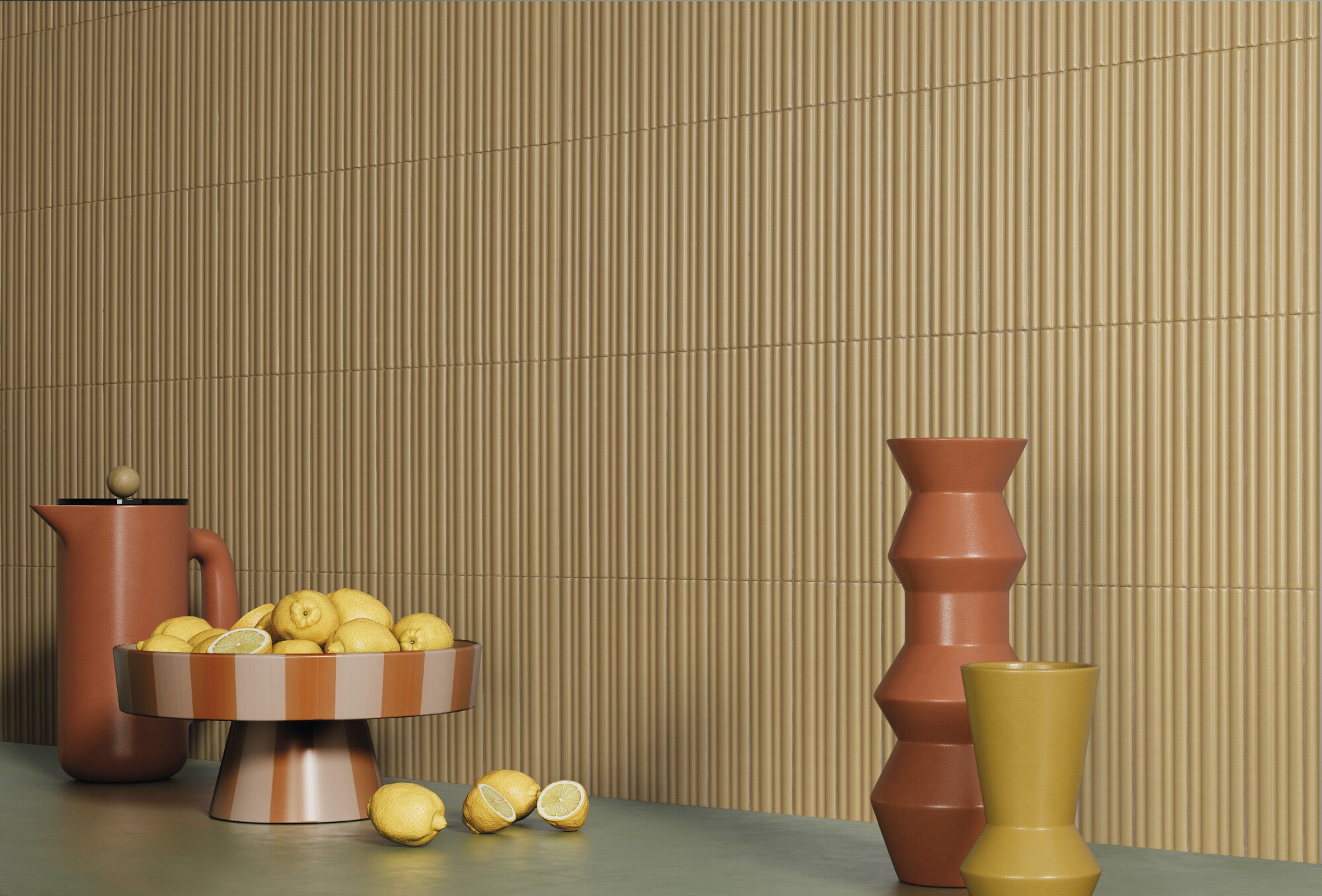 harmony rainbow gold ribbed decor wall tile 5x25cm matt