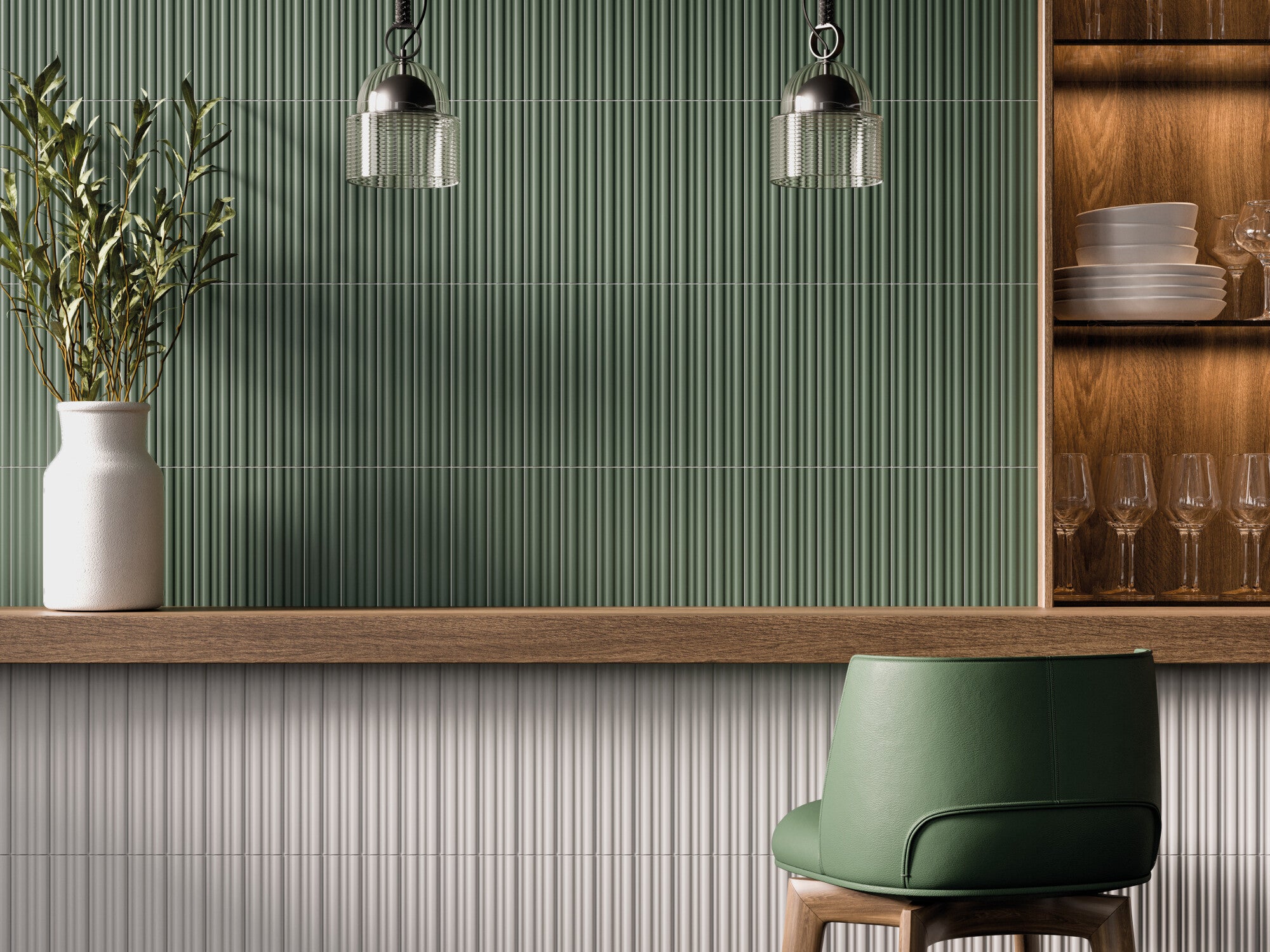 harmony rainbow green ribbed decor wall tile 5x25cm matt