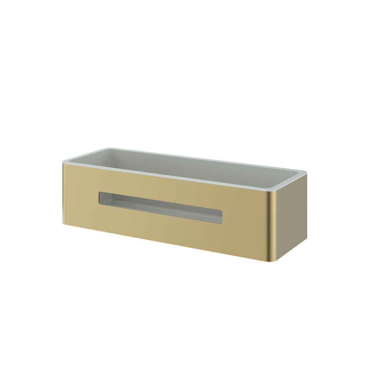 The Rensa rectangular shower basket in brushed brass, supplied by Deluxe Bathrooms.