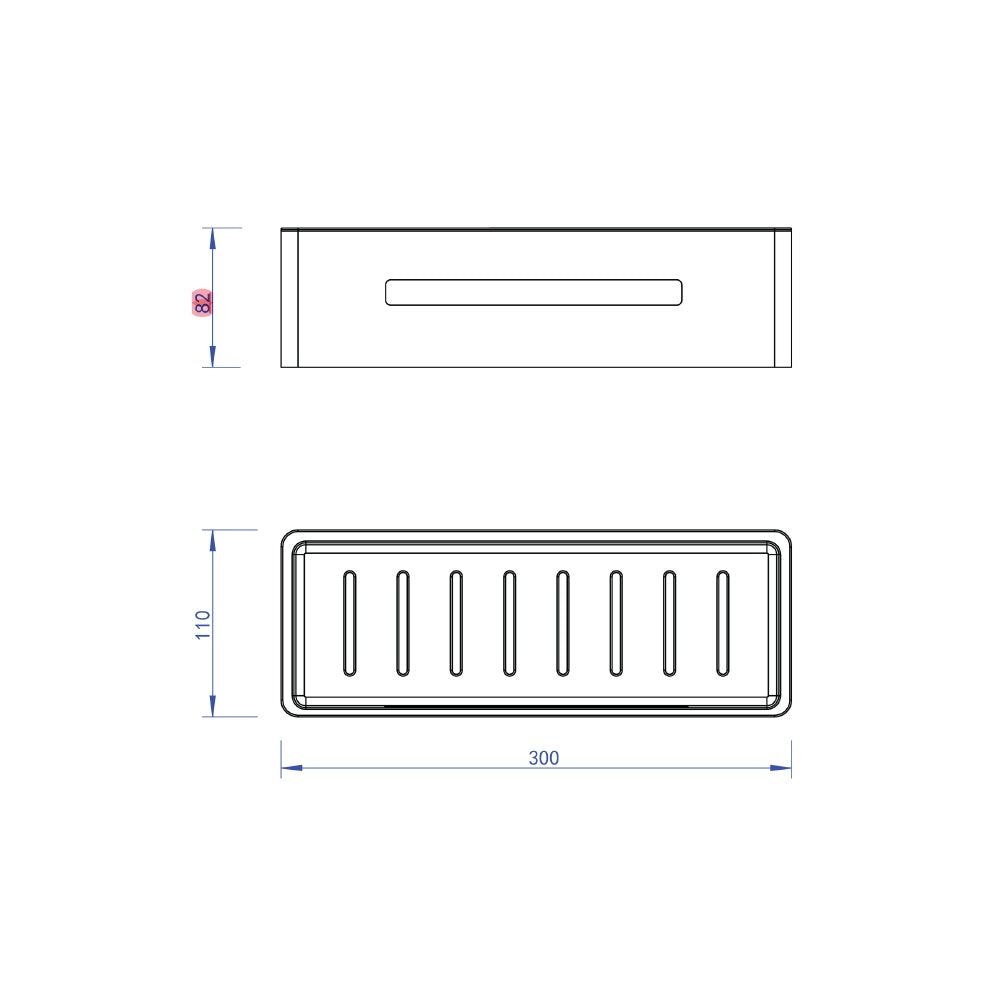 Dimensions diagram for the Rensa rectangular shower basket, supplied by Deluxe Bathrooms.