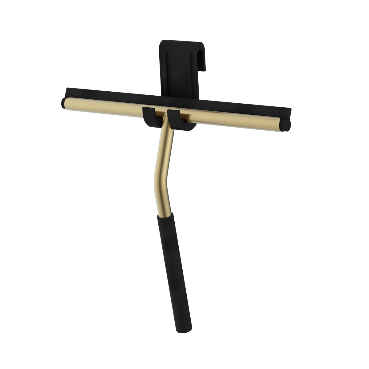 Premium bathroom shower glass squeegee in brushed brass finish with ergonomic handle design. Supplied by Deluxe Bathrooms.