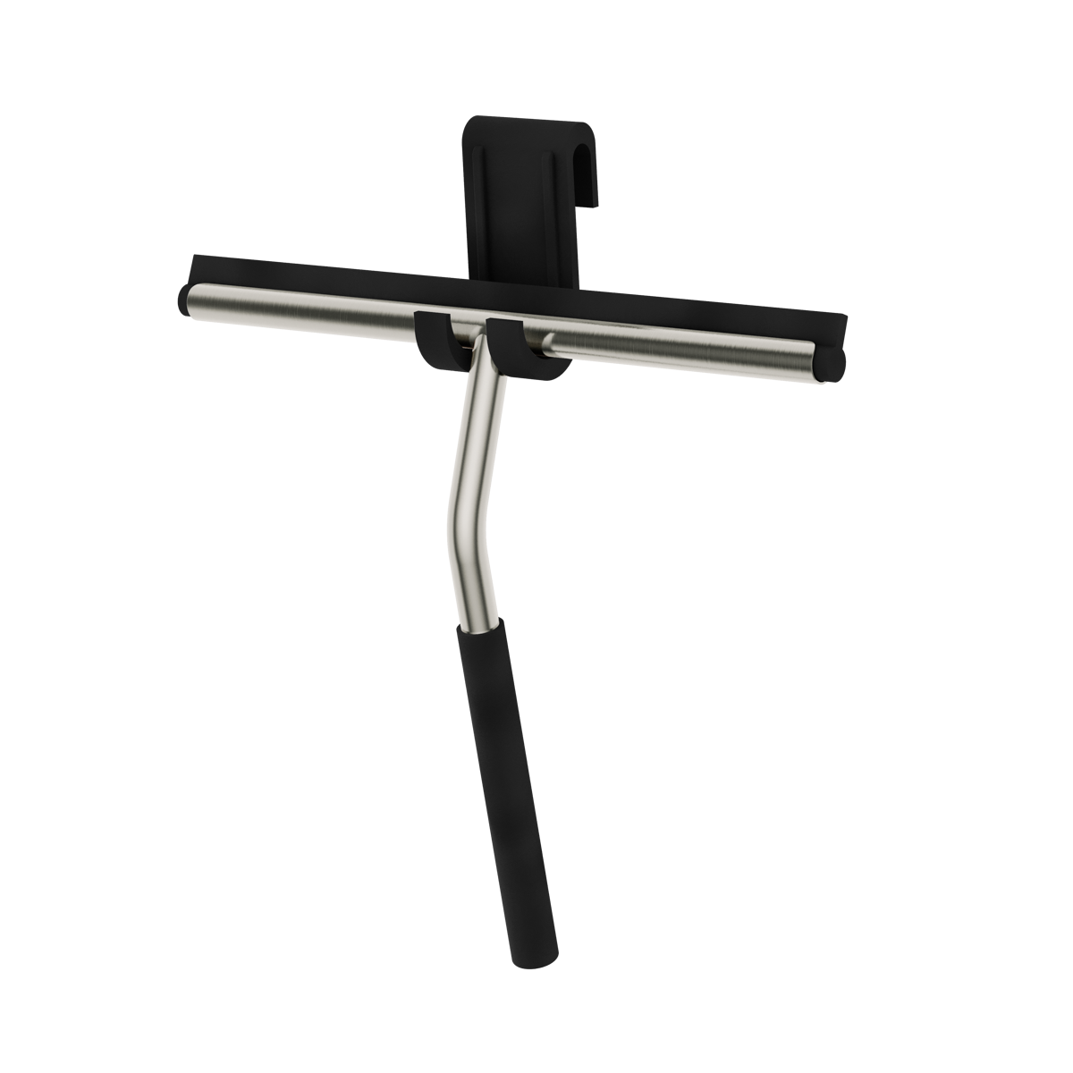 Premium bathroom shower glass squeegee in brush nickel finish with ergonomic handle design. Supplied by Deluxe Bathrooms.