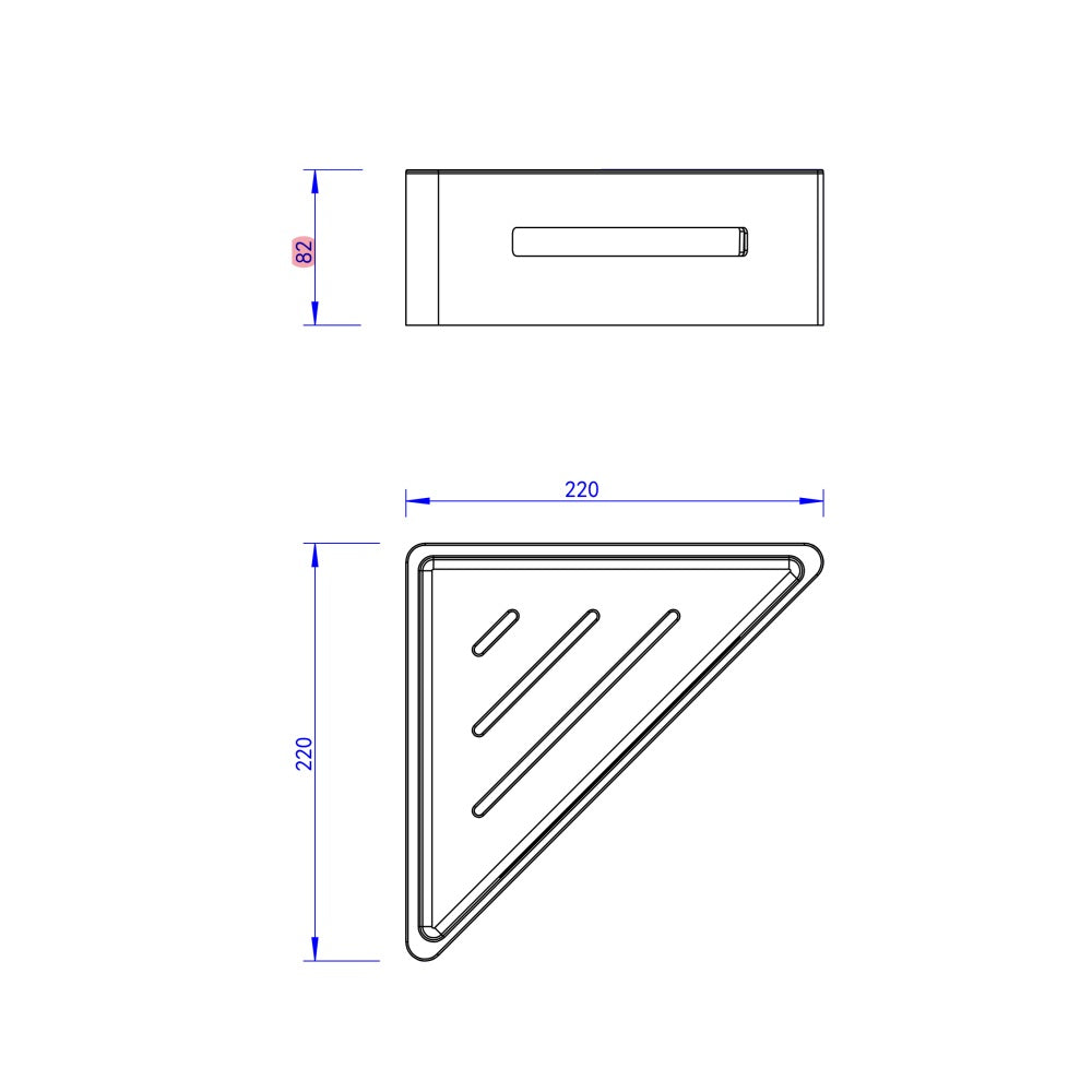 Dimensions diagram for the Rensa corner shower basket, supplied by Deluxe Bathrooms.
