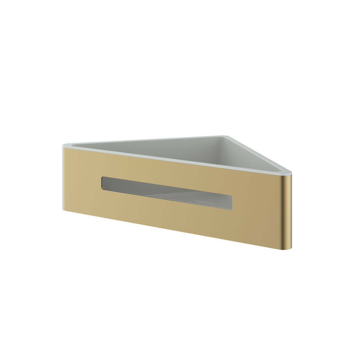 The Rensa corner shower basket in brushed brass, supplied by Deluxe Bathrooms.