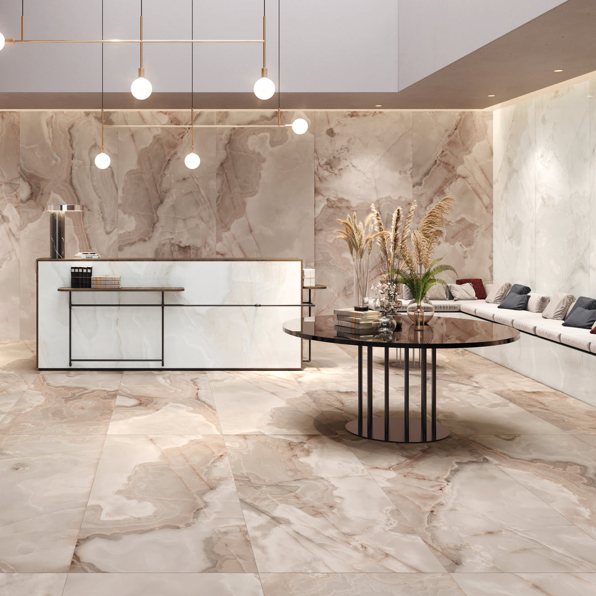 Lifestyle image for the Rêves Onyx Effect Rose Tile 60x120cm Porcelain in Gloss, supplied by Deluxe Bathrooms.