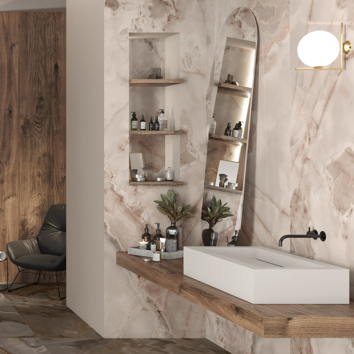 Lifestyle image for the Rêves Onyx Effect Rose Tile 60x120cm Porcelain in Gloss, supplied by Deluxe Bathrooms.