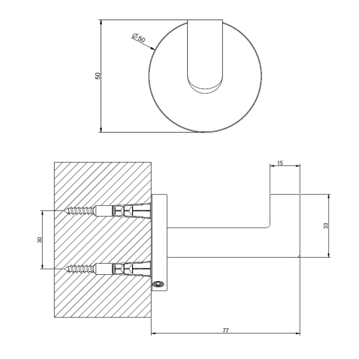 Robe Hook Technical drawing with dimensions Deluxe Bathrooms