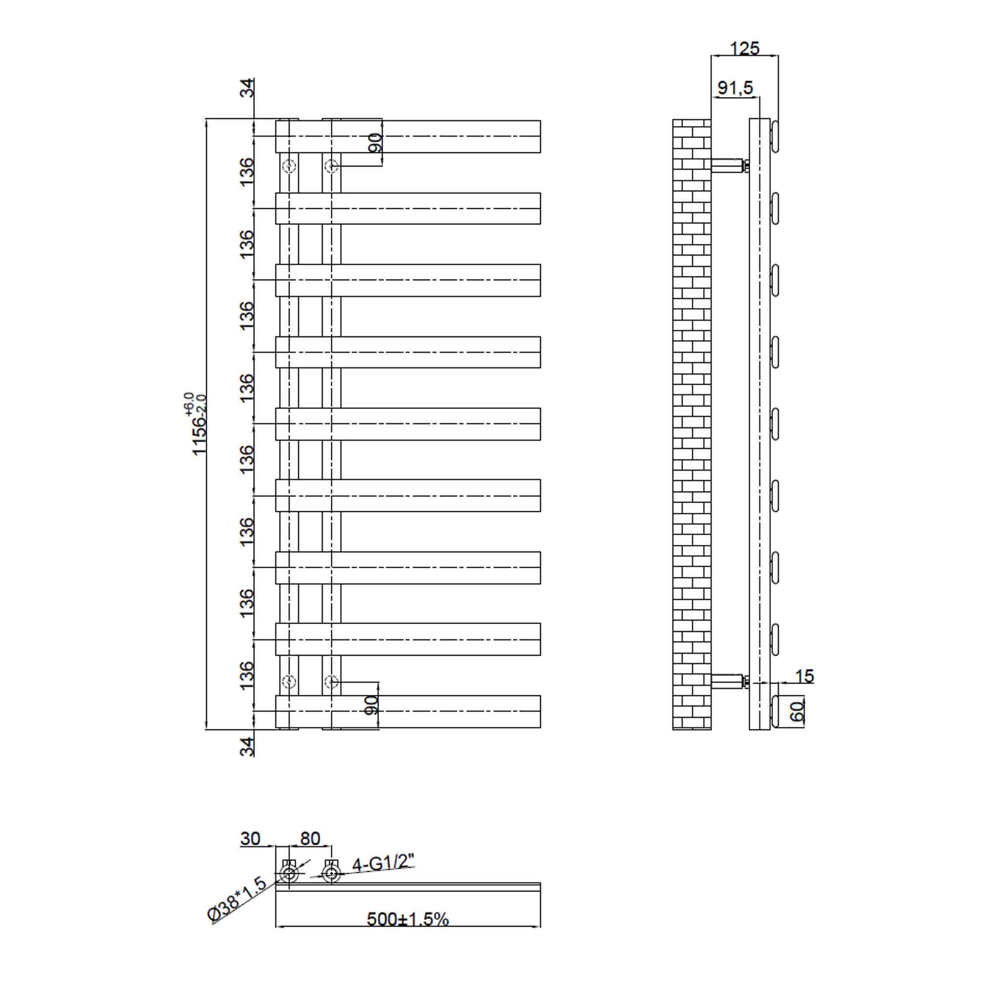 seville designer offset towel rail 1156x500mm dimensions