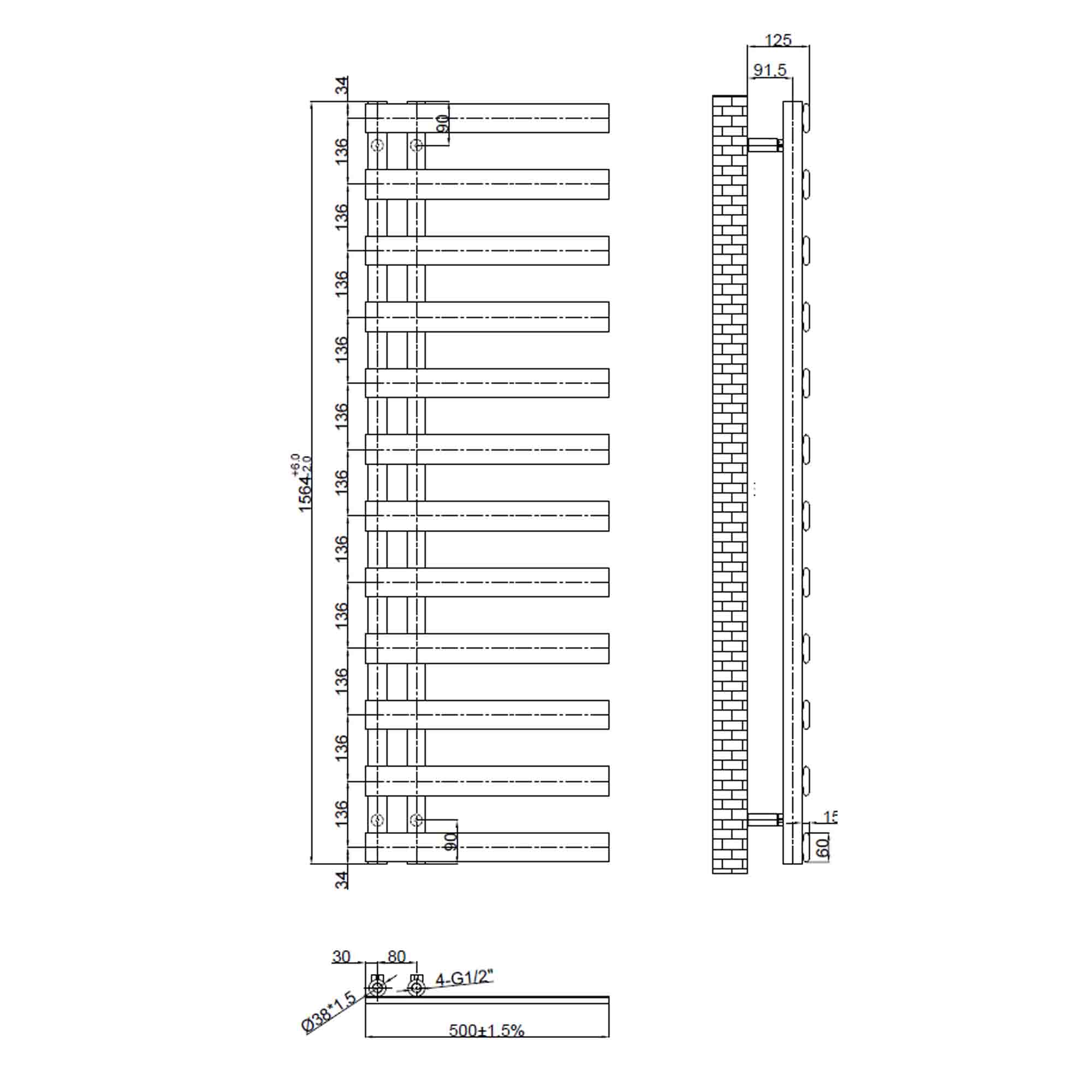 seville designer offset towel rail 1564x500mm dimensions