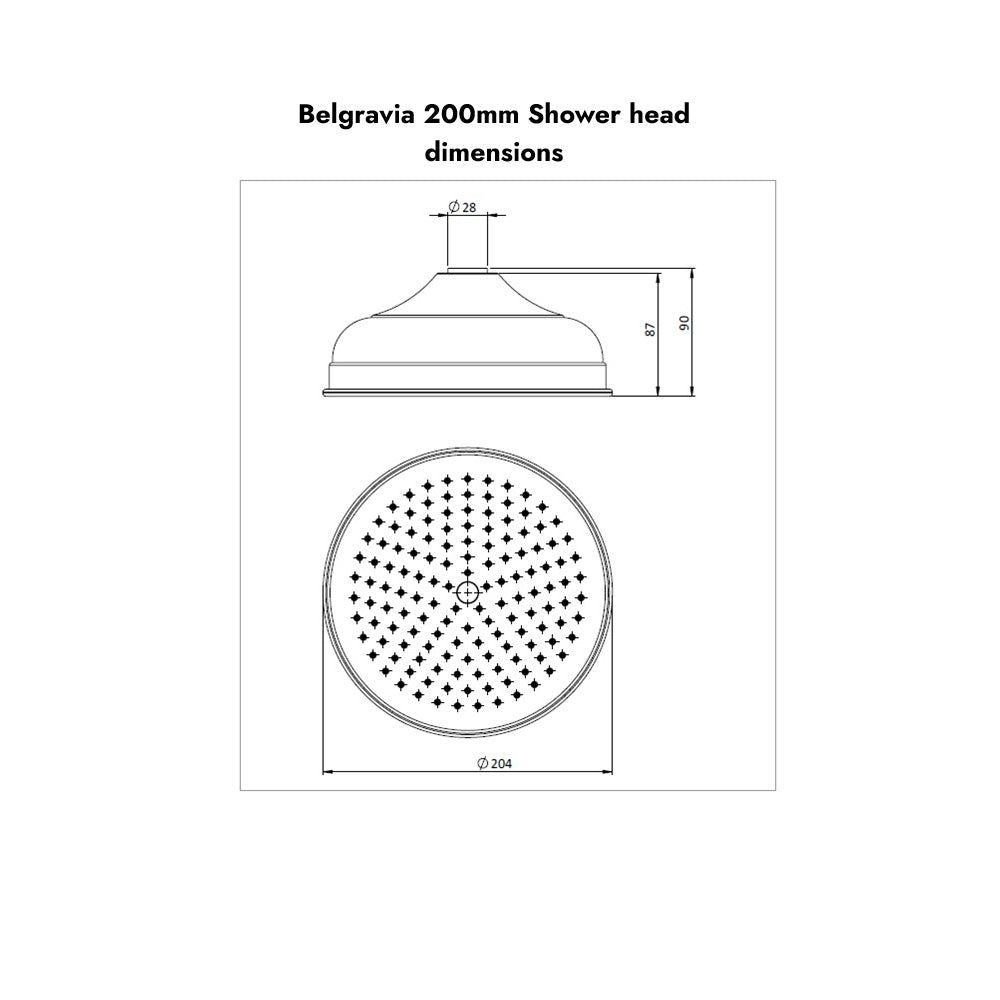 Image diagram of shower head dimensions Begravia 200mm, supplied by Deluxe Bathrooms Ireland.