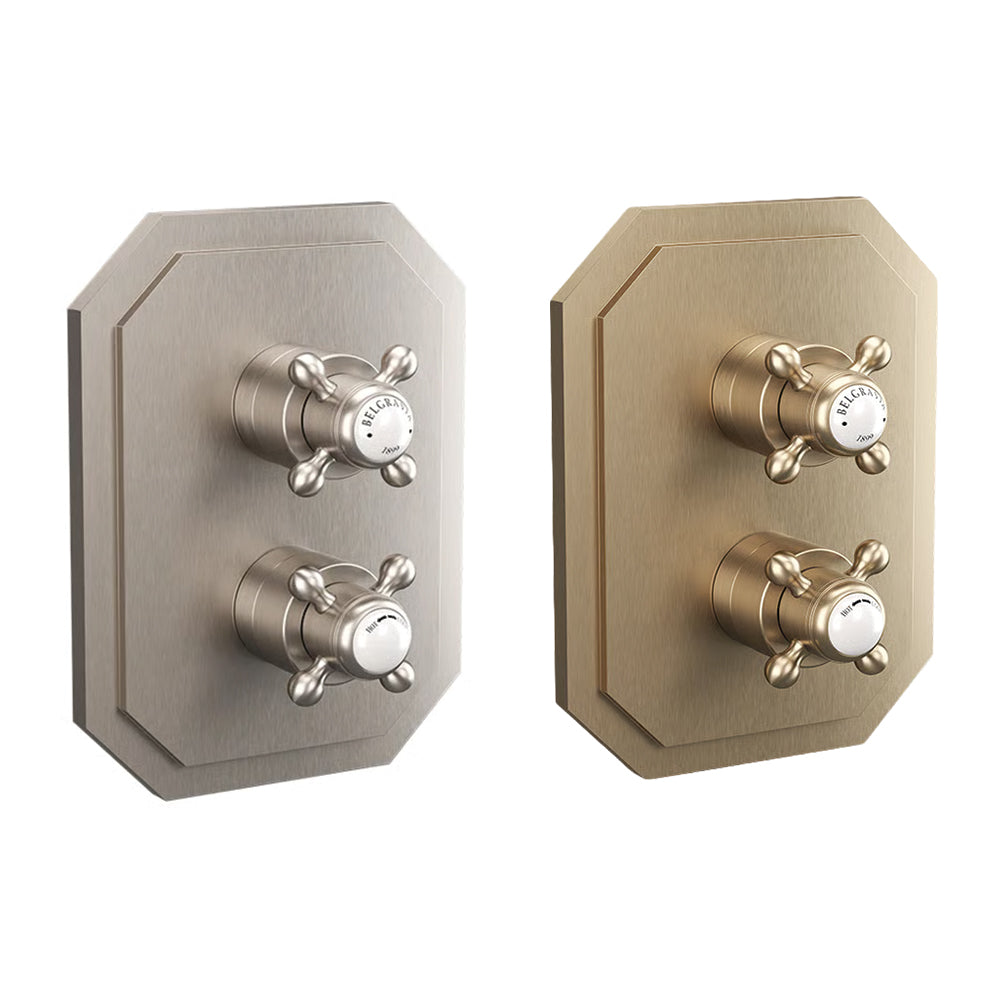 Side by Side Comparison of the Valve Trim in Brushed Nickel and Brushed Brass, supplied by Deluxe Bathrooms.