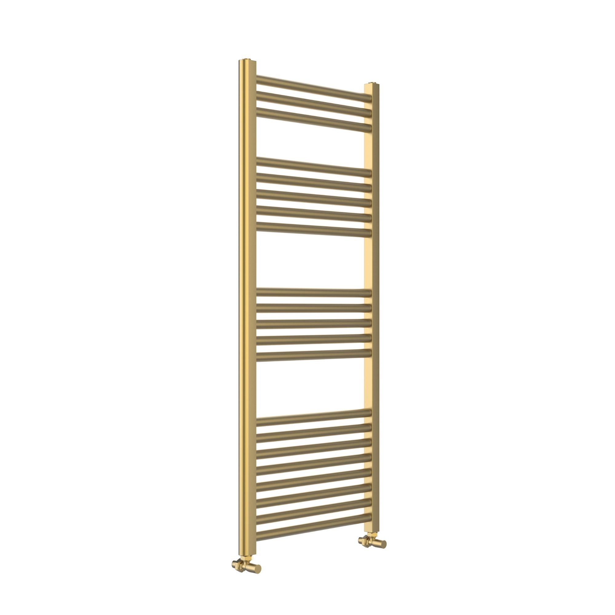 Soho brushed brass towel radiator on a white background deluxe bathrooms