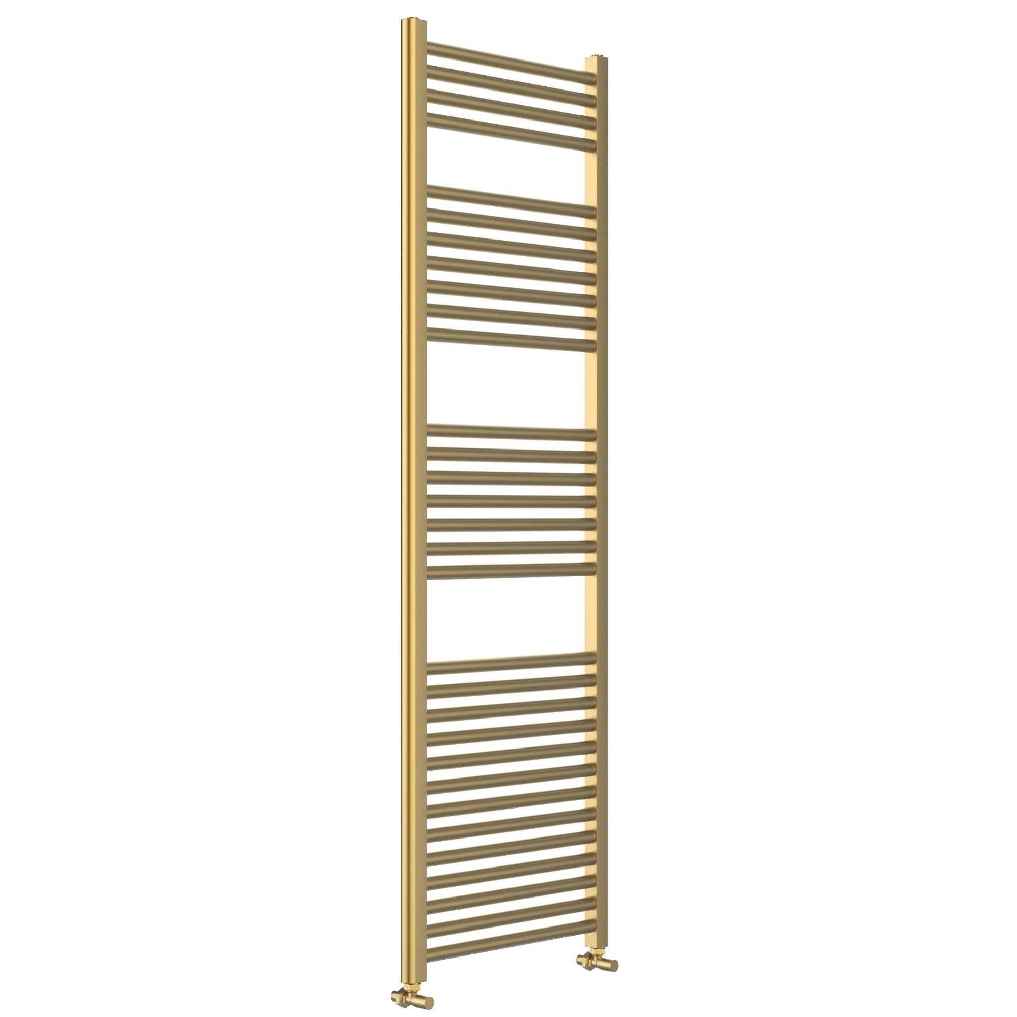 Soho brushed brass towel radiator on a white background deluxe bathrooms