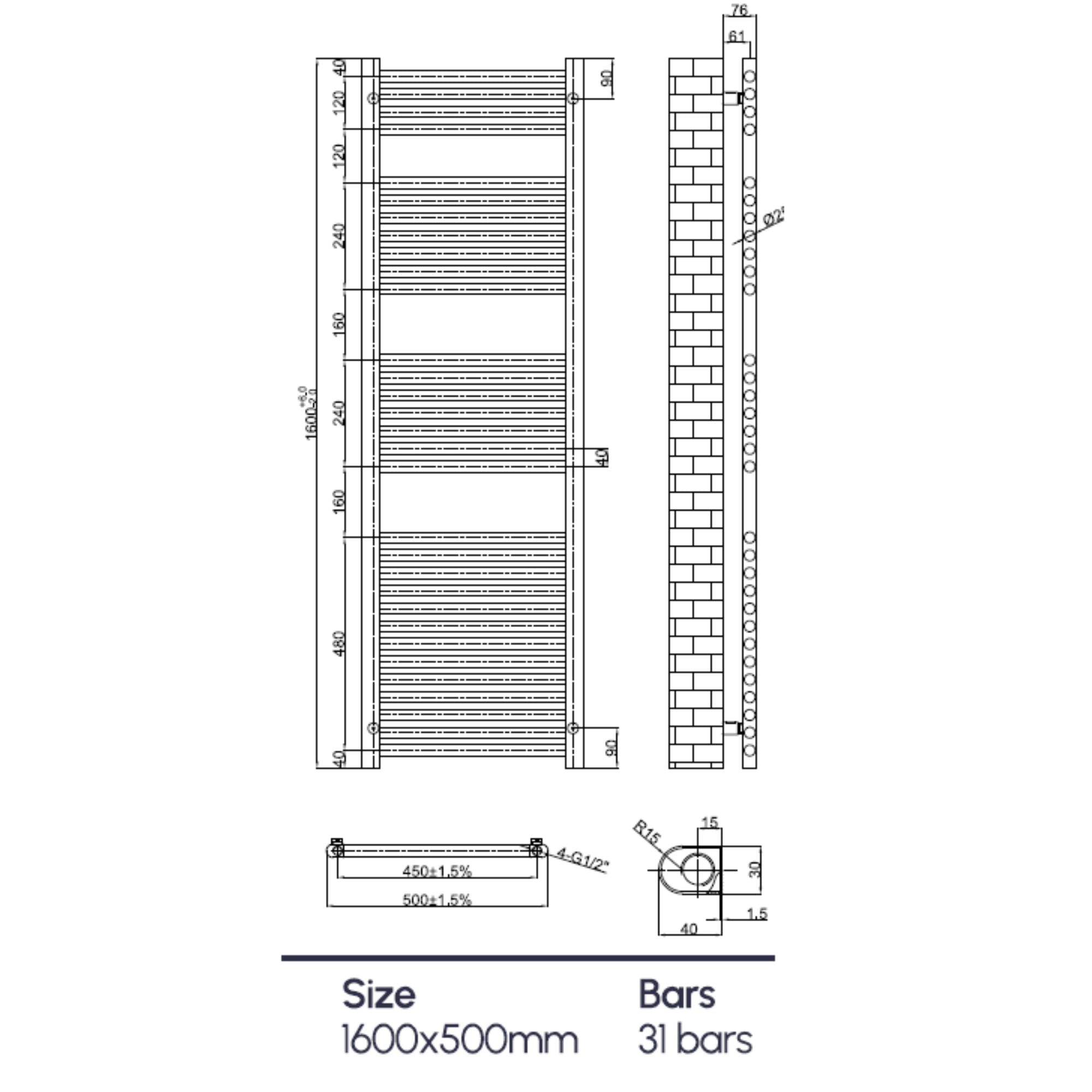 Technical drawing of soho radiator with dimensions and bar details deluxe bathrooms