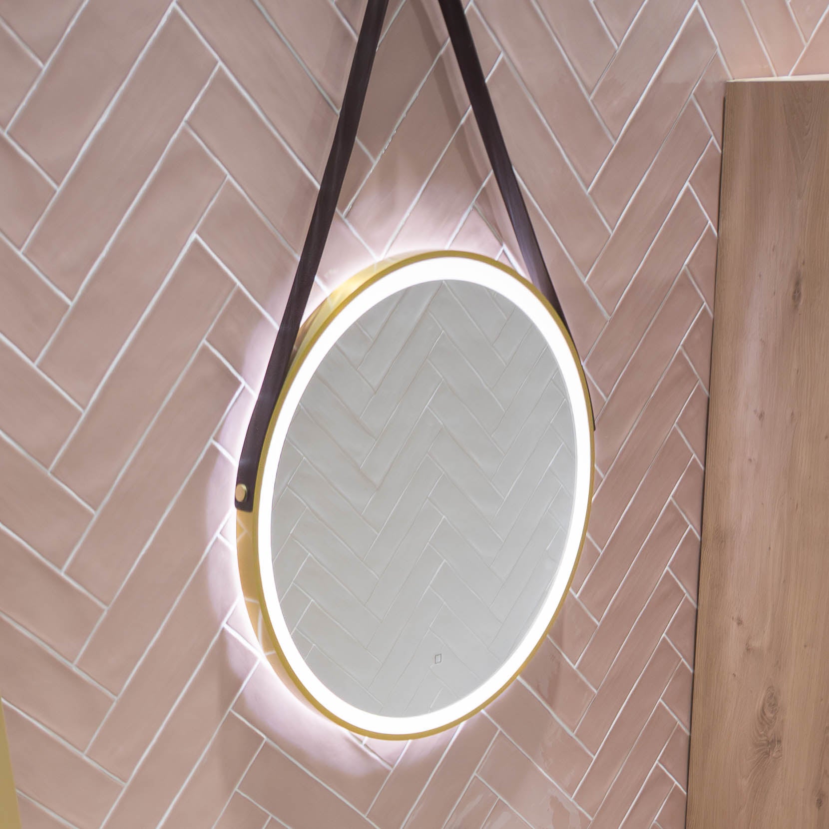 HiB Solstice Round LED Mirror With Brushed Brass Frame and Decorative Strap