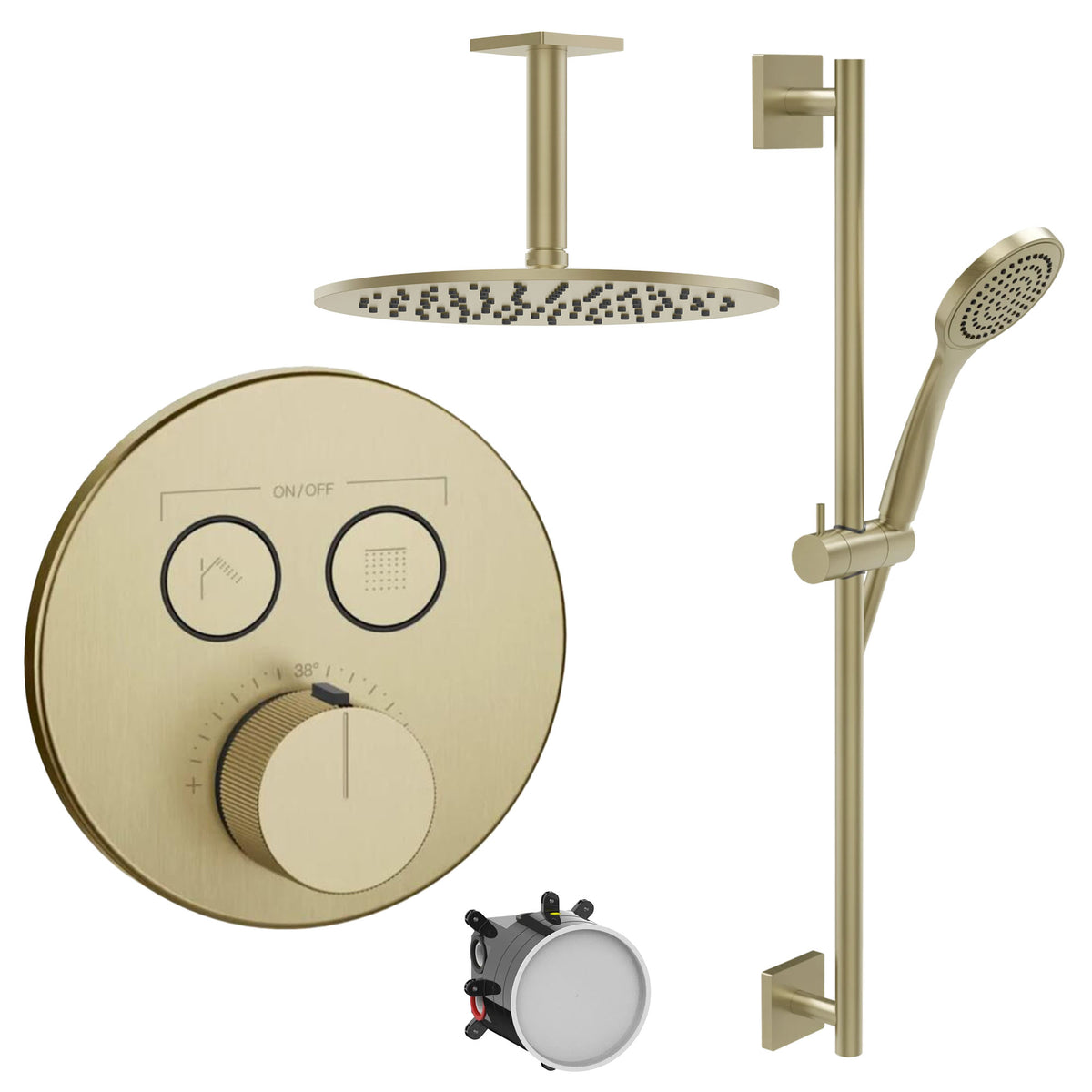 2 outlet thermostatic shower valve and slide rail handset with ceiling overhead brushed brass