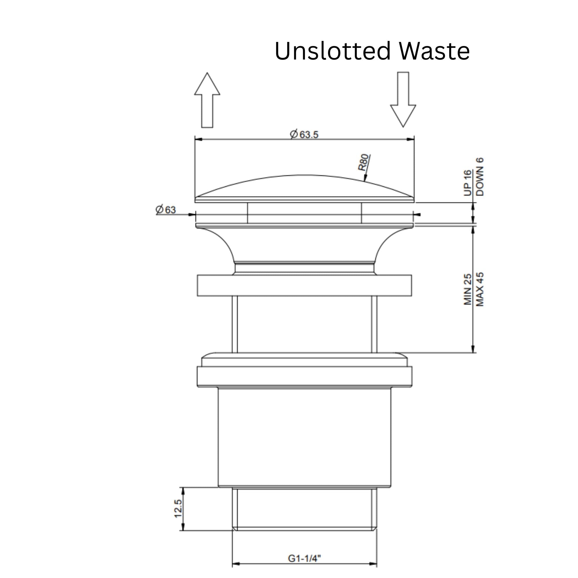 Technical drawing of unslotted waste with dimensions and labels deluxe bathrooms.