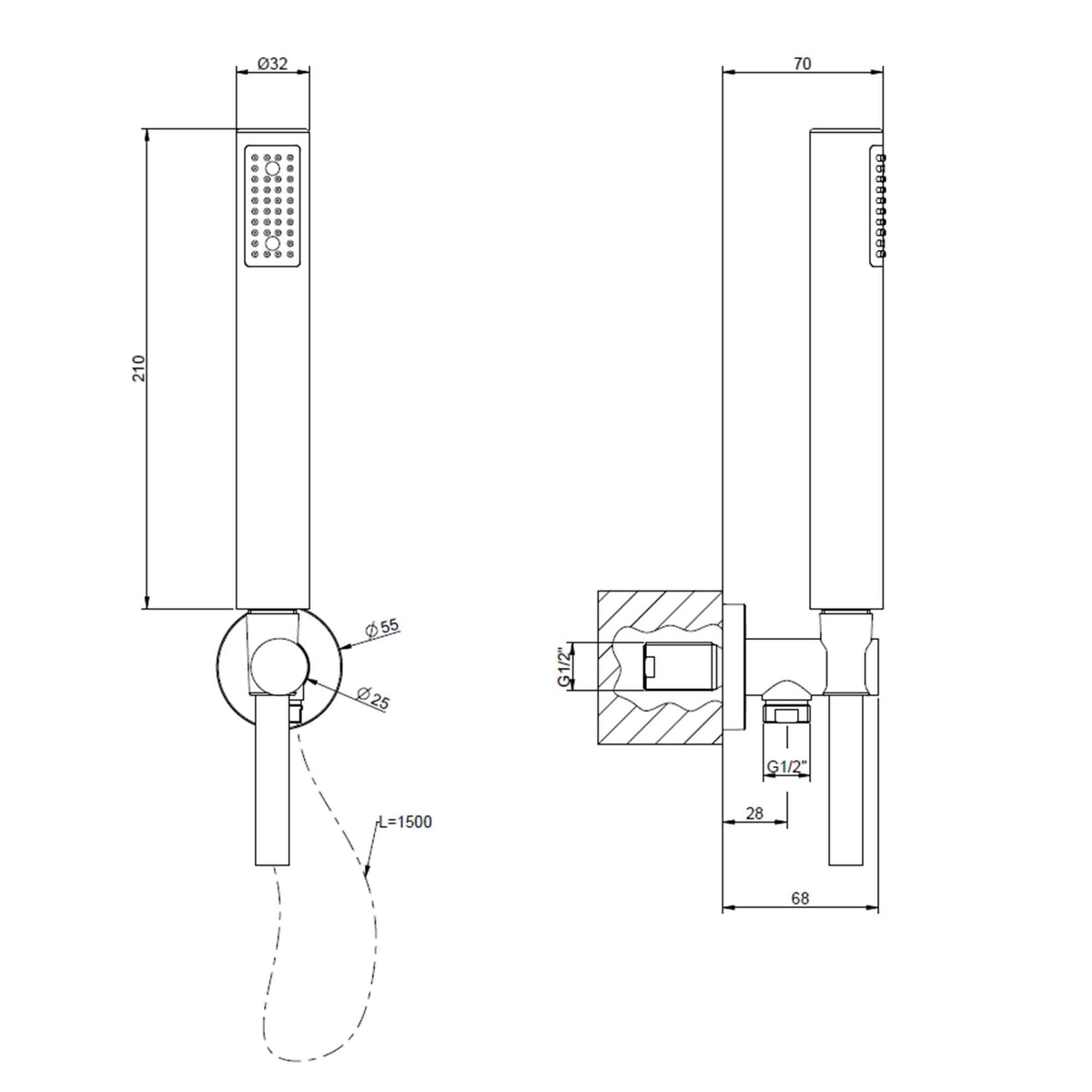 pencil shower handset dimensions