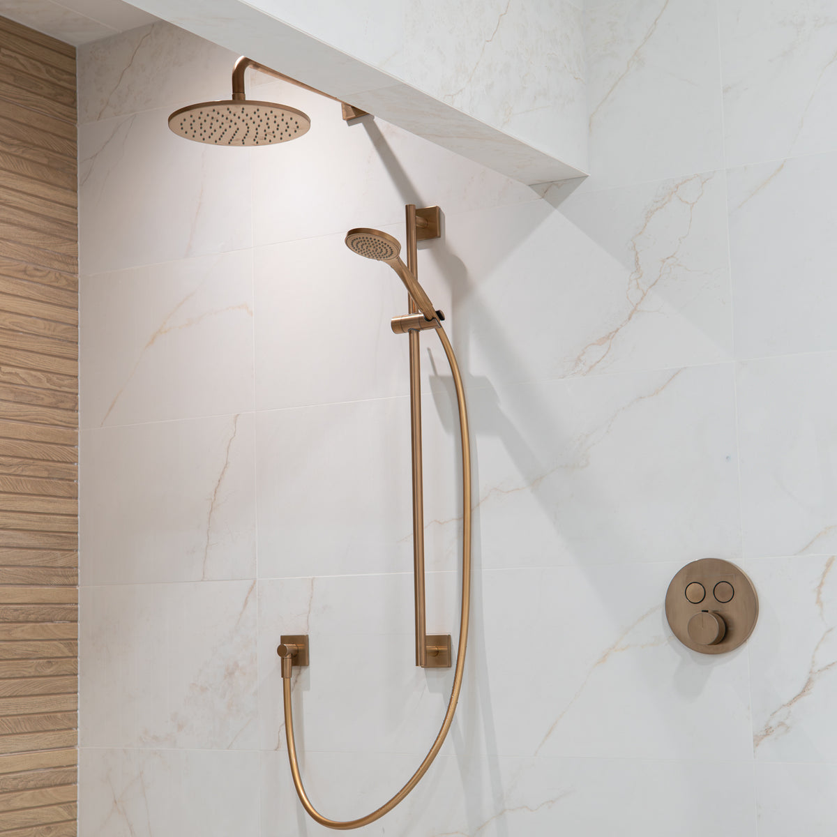 Dual Outlet Thermostatic Shower Valve with Slide Rail Handset and Fixed Overhead 250mm - Warm Bronze Brushed