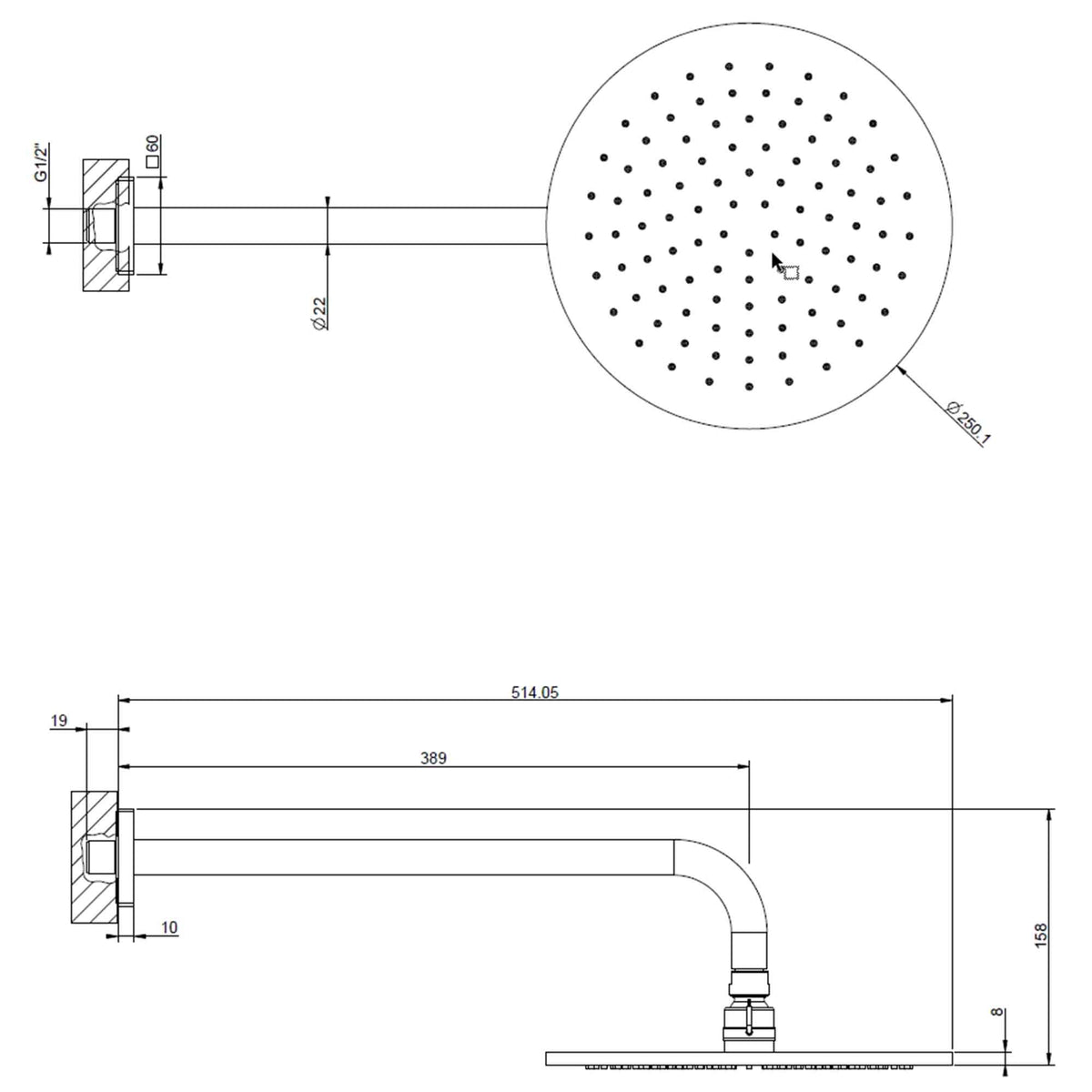 wall mounted shower head dimensions