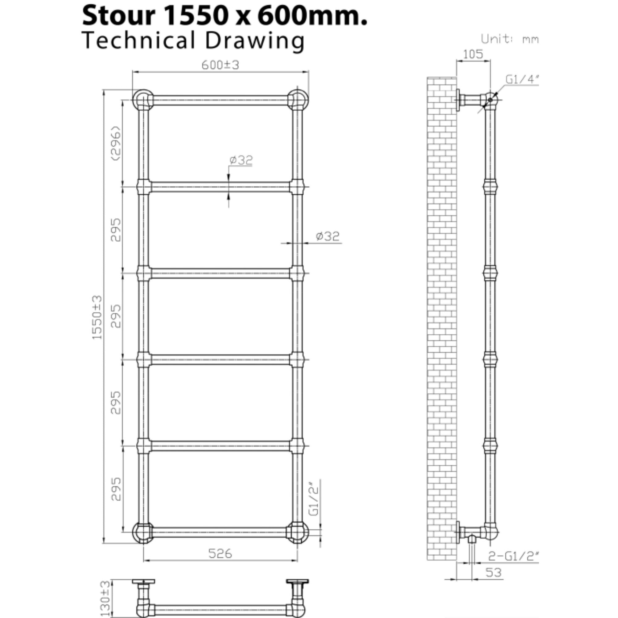 Stour Traditional Heated Towel Rail 1550x600mm Technical Drawing