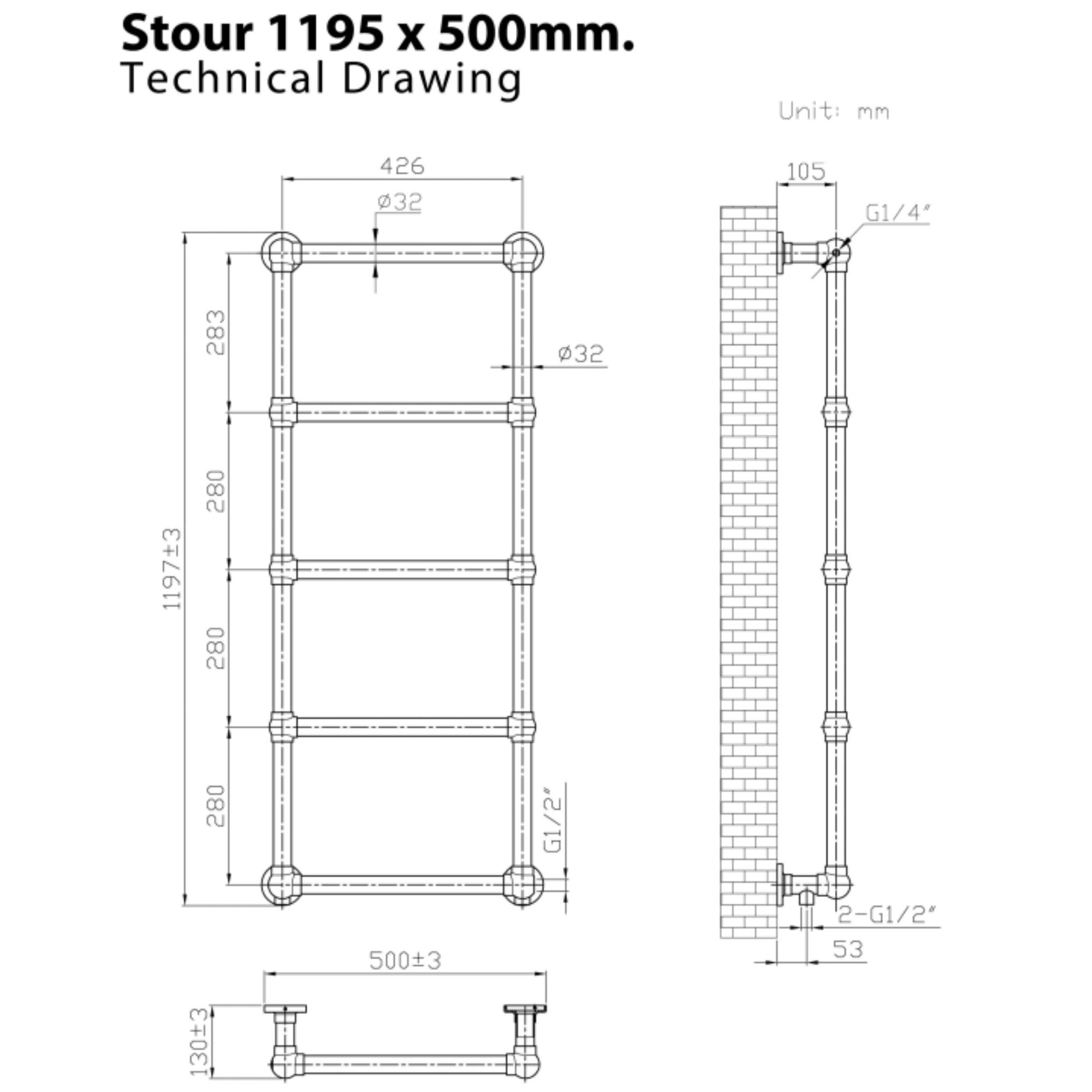 Stour Traditional Heated Towel Rail 1195x500mm Technical Drawing