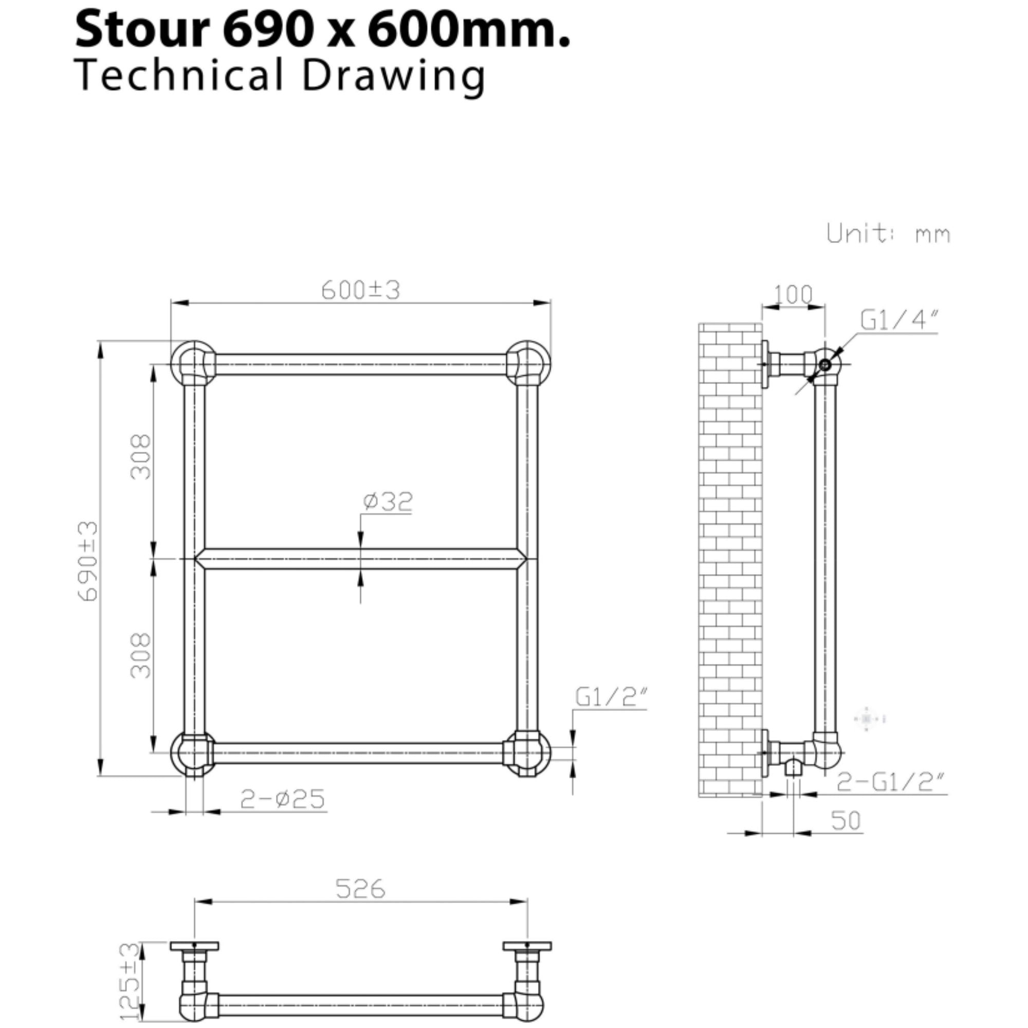 Stour Traditional Heated Towel Rail 690x600mm Technical Drawing
