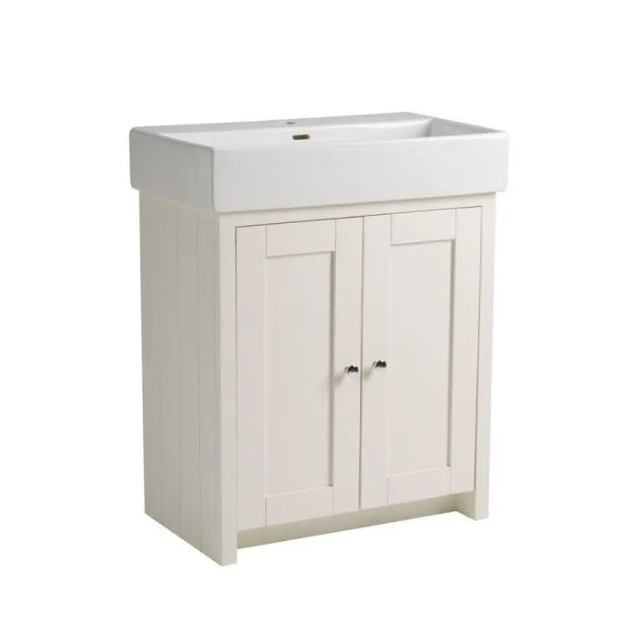 Tavistock lansdown linen white bathroom vanity with white countertop on a white background deluxe bathrooms
