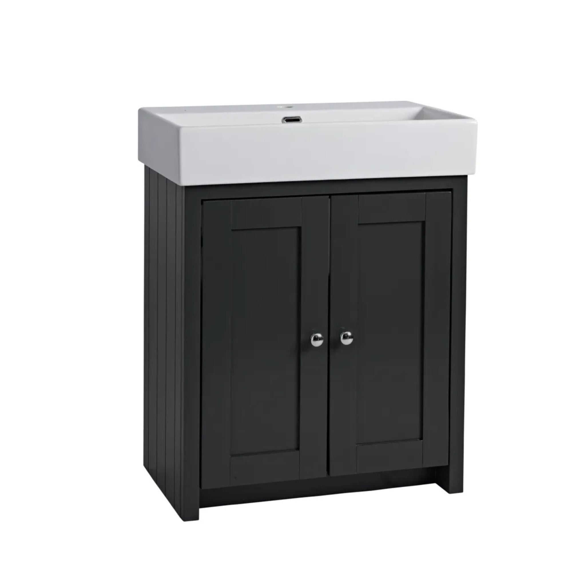 Tavistock lansdown matt black bathroom vanity with white countertop on a white background deluxe bathrooms