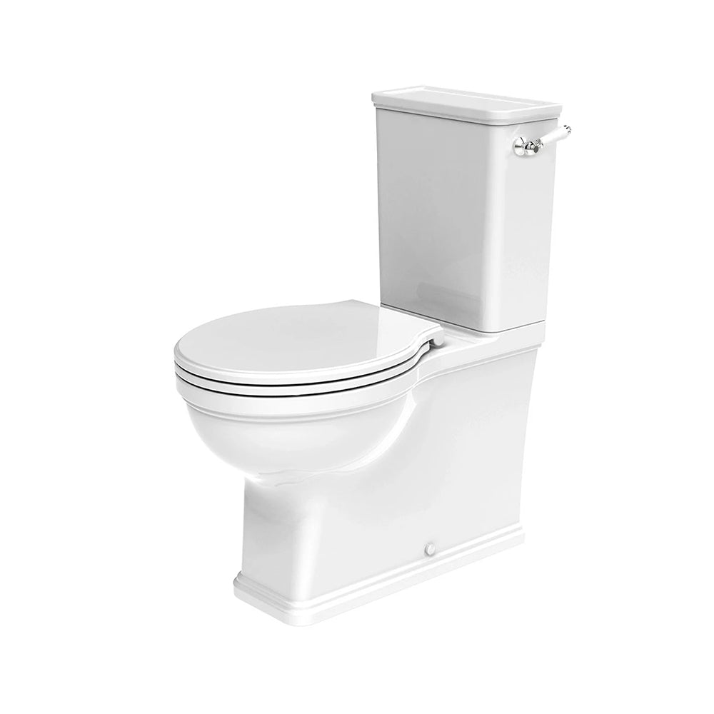 Tavistock Marston fully enclosed toilet with chrome lever on a white background. Toilet supplied by Deluxe Bathrooms.