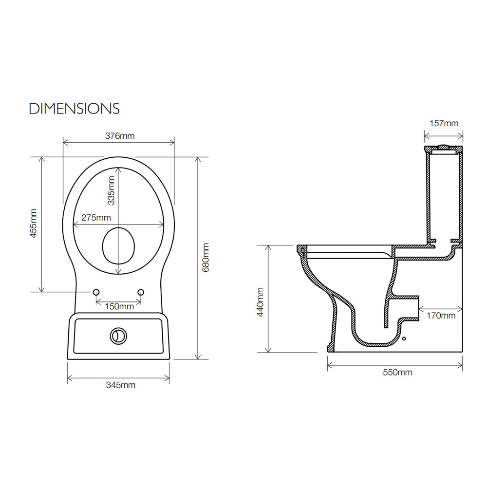 Technical drawing of Marston toilet with dimensions labelled