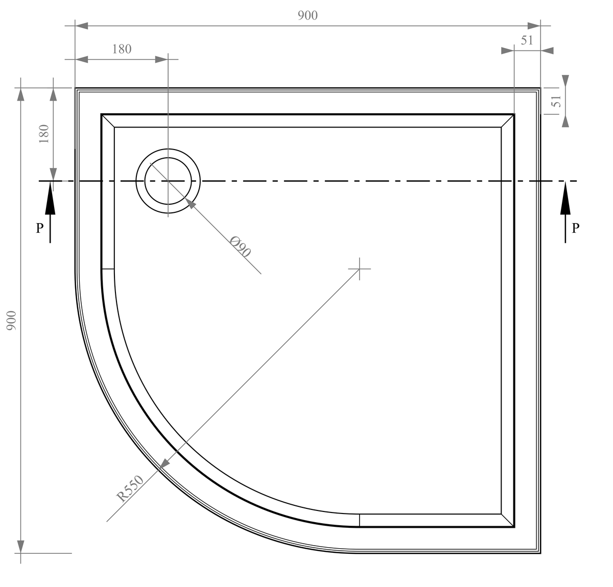 Technical line drawing of a Deluxe Quadrant 900x900px curved shower tray with dimension measurements. Supplied by Deluxe Bathrooms.