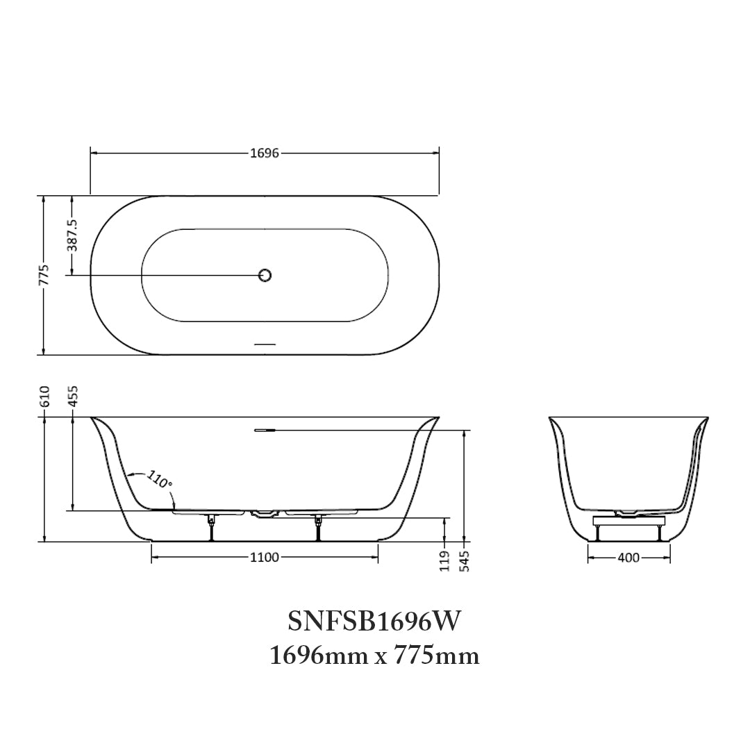 Technical dimensions diagram of the Burlington Strand Freestanding White Acrylic 1696mm length bath, supplied by Deluxe Bathrooms.