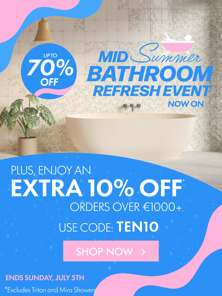 Advertisement for a midsummer bathroom refresh event with discounts and a call to action.