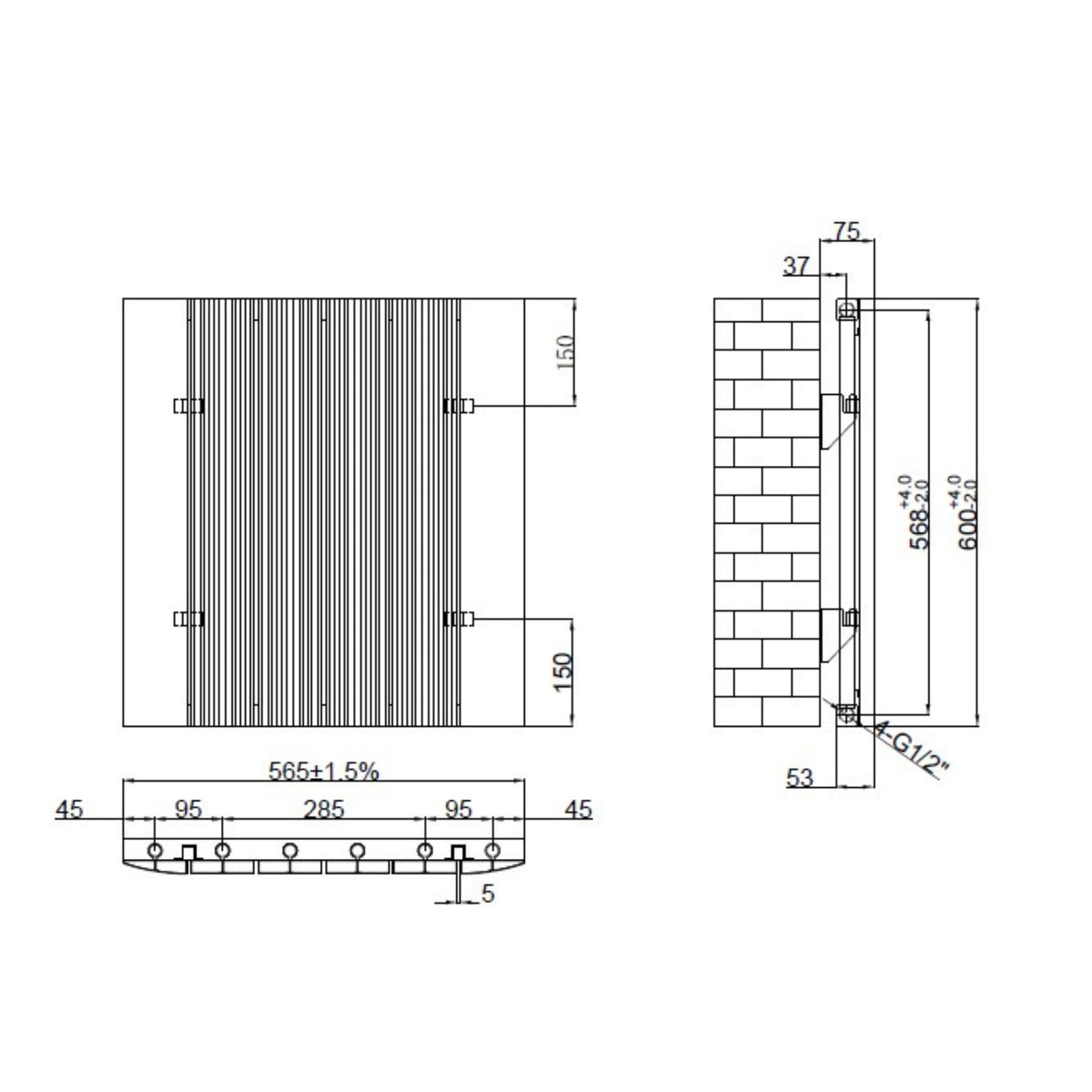 Tonbridge 600x565mm Aluminium Flat Panel Radiator Technical Drawing