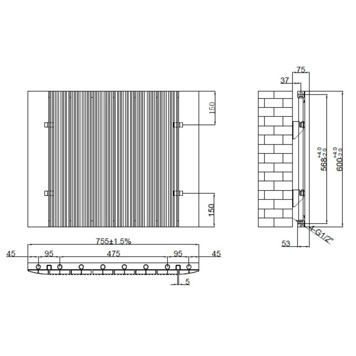 Tonbridge 600x755mm Aluminium Flat Panel Radiator Technical Drawing