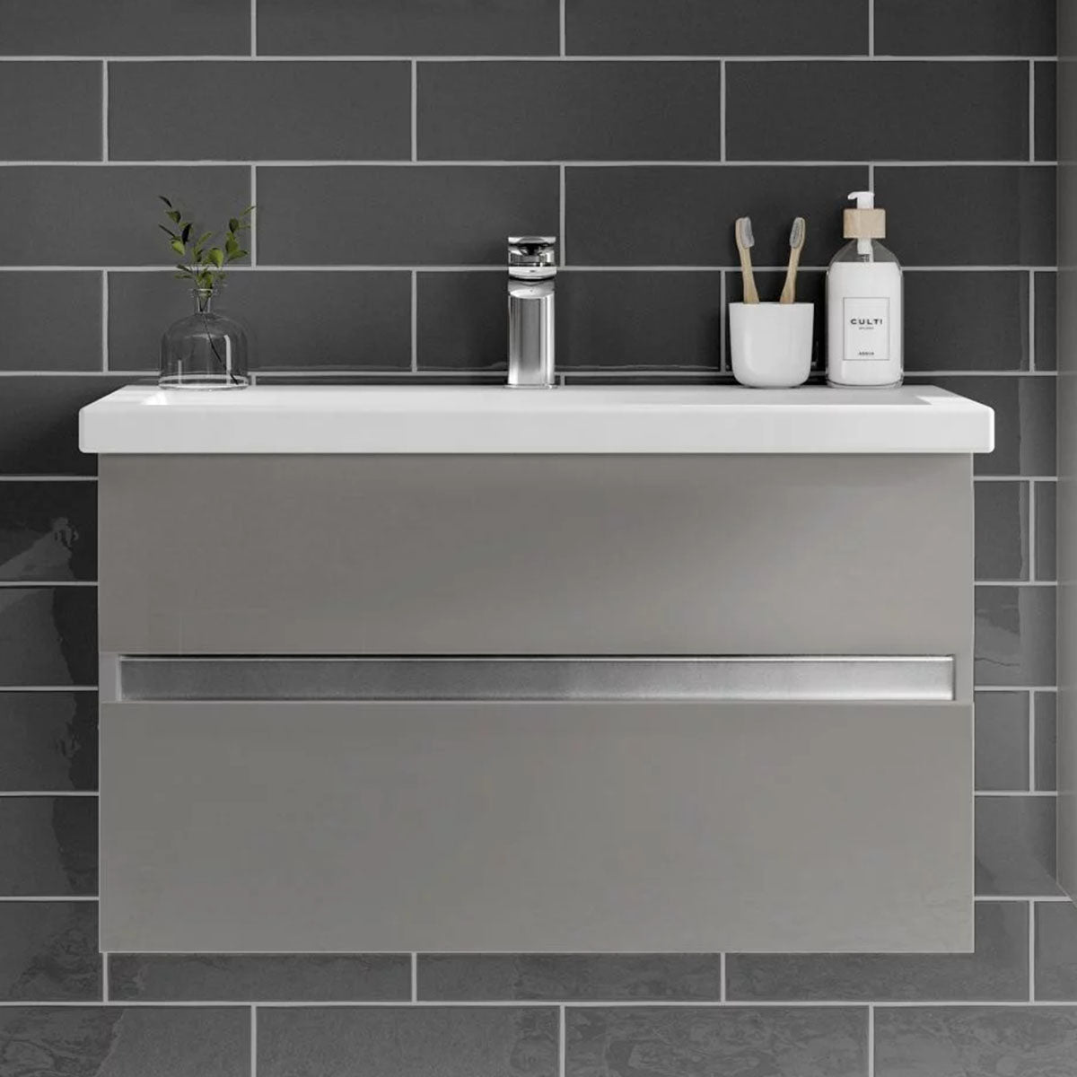 utopia qube 800mm 2 drawer wall hung vanity unit with ceramic basin pebble grey