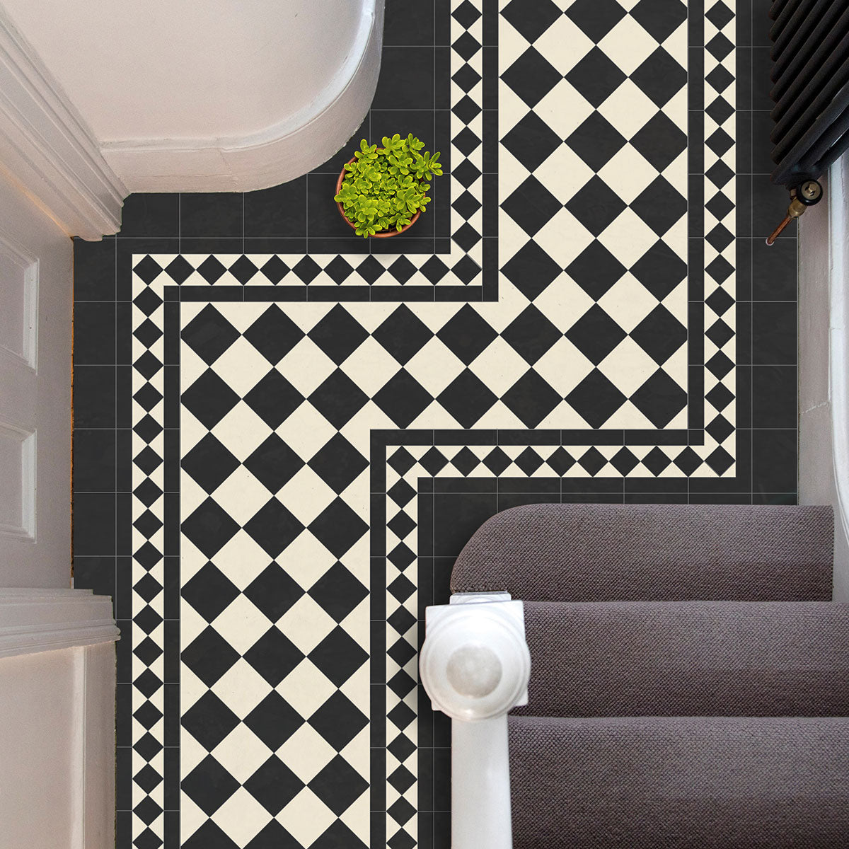 Classic Victorian Black and white Porcelain Tile 10x10cm Matt in chequerboard pattern in a hallway