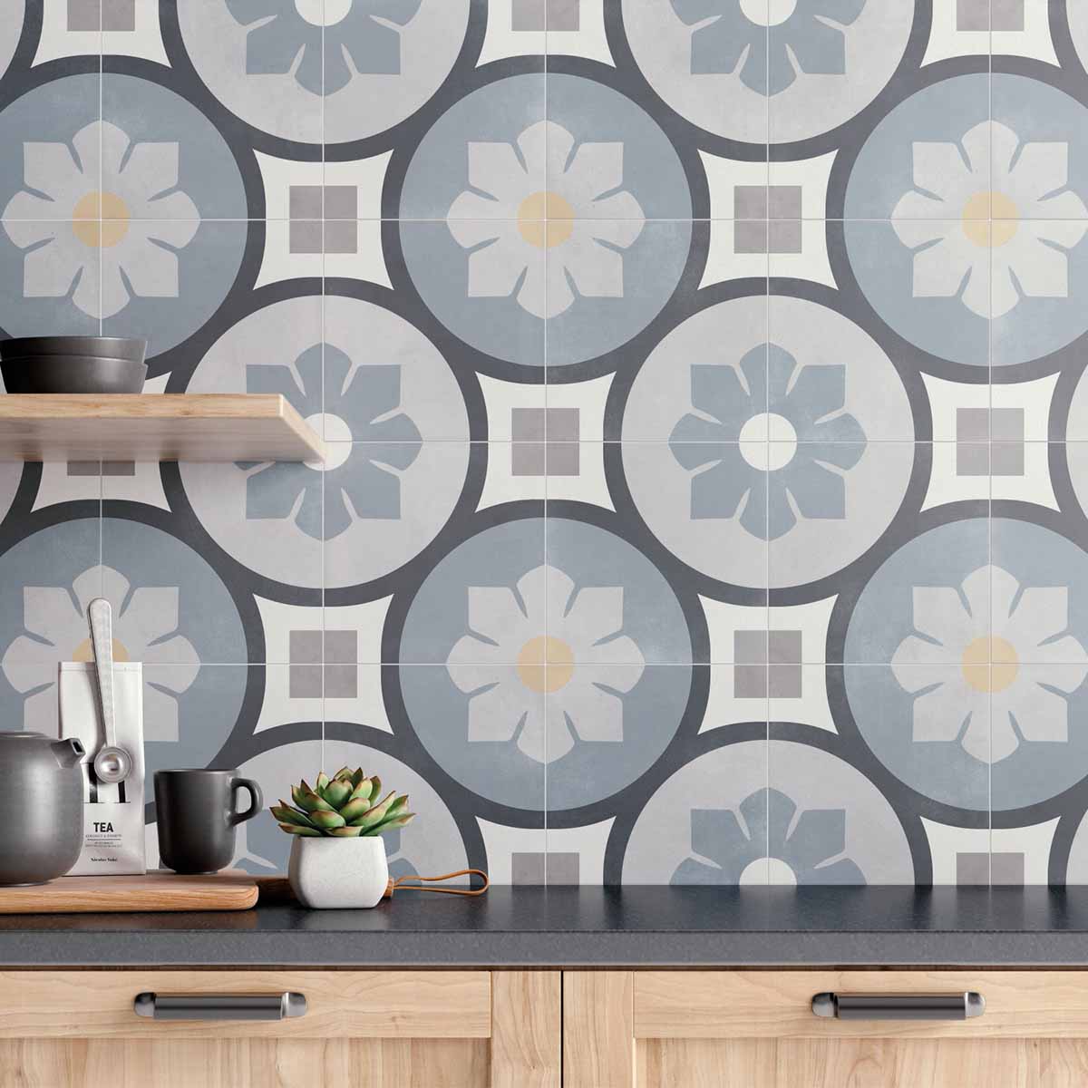 Aruba Bloom Blue Pattern Porcelain Tile 22.3x22.3cm Matte Lifestyle
