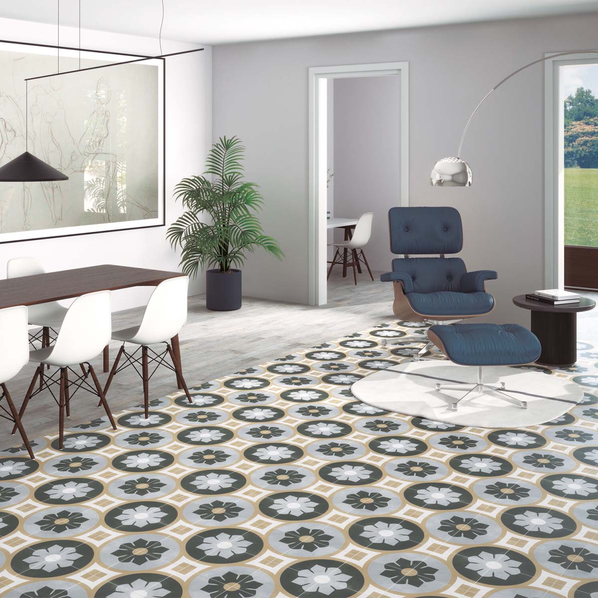 Aruba Bloom Green Pattern Porcelain Tile 22.3 x 22.3cm Matt Lifestyle