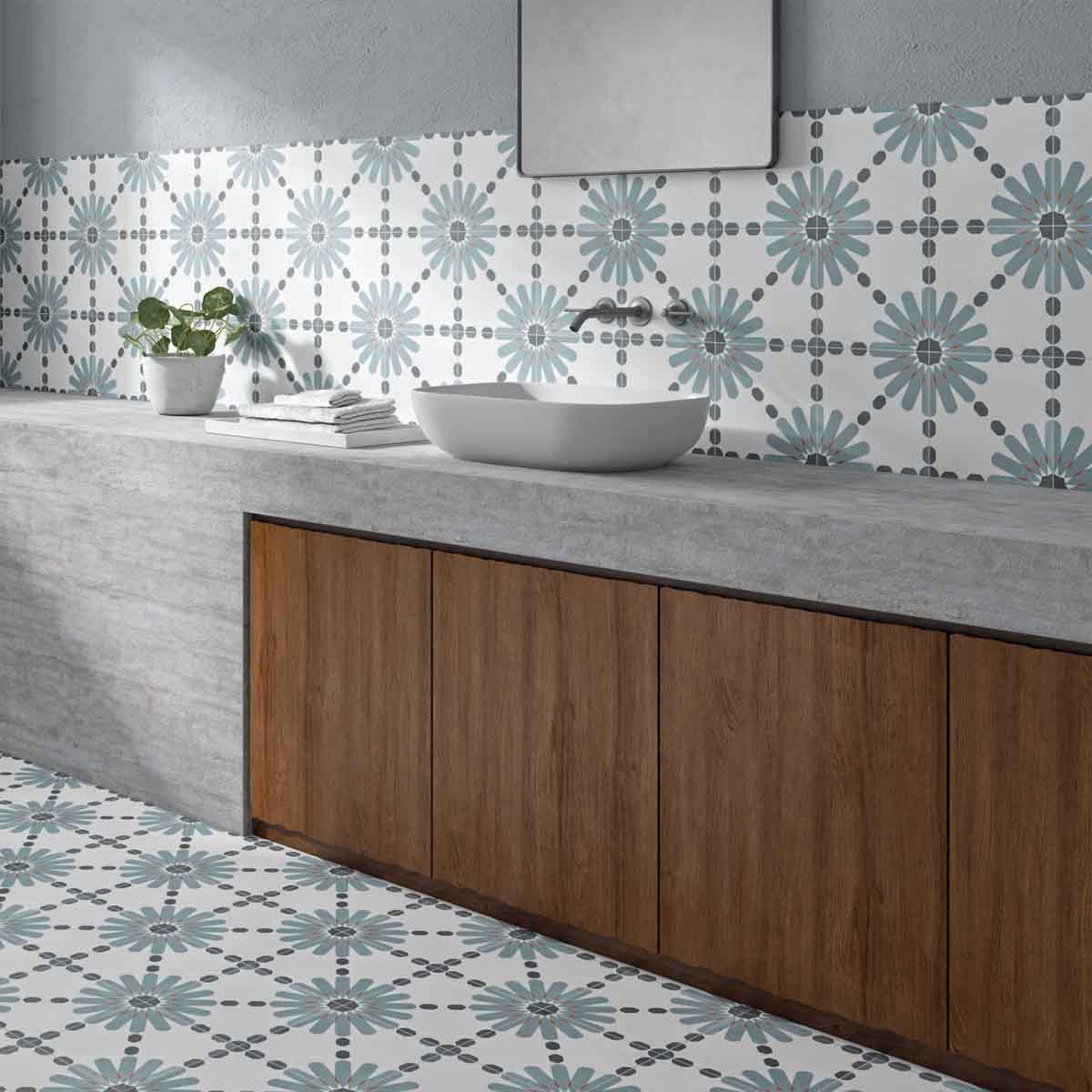 Aruba Daisy Blue Pattern Porcelain Tile 22.3 x 22.3cm Matt Lifestyle
