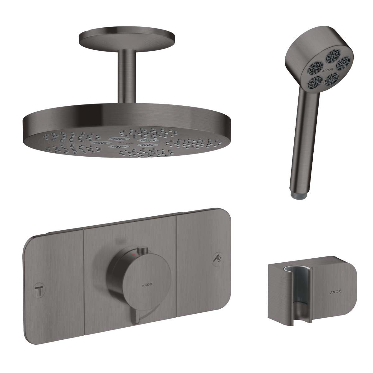 Axor One 2 Outlet Thermostatic Valve with Overhead and Handheld Shower Brushed Black Chrome