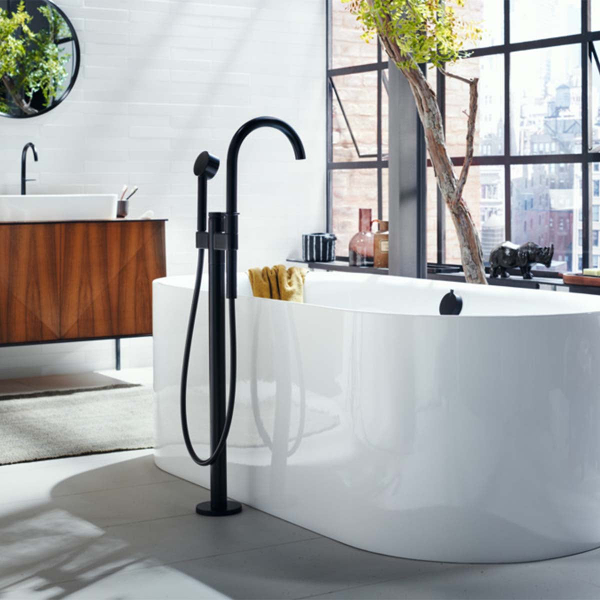 Axor One Floorstanding Bath Shower Mixer With Handset Matt Black Lifestyle