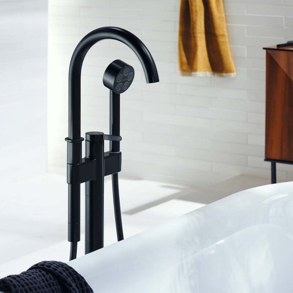 Axor One Floorstanding Bath Shower Mixer With Handset Matt Black Lifestyle