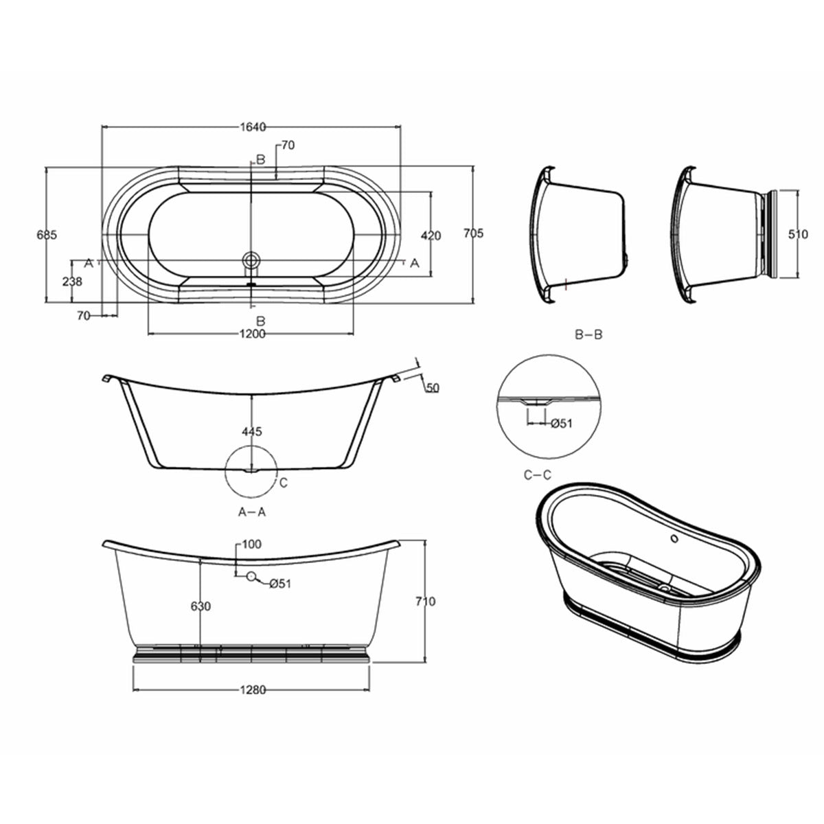 Burlington Admiral Double Ended Bath 1650mm Diagram Deluxe Bathrooms Ireland