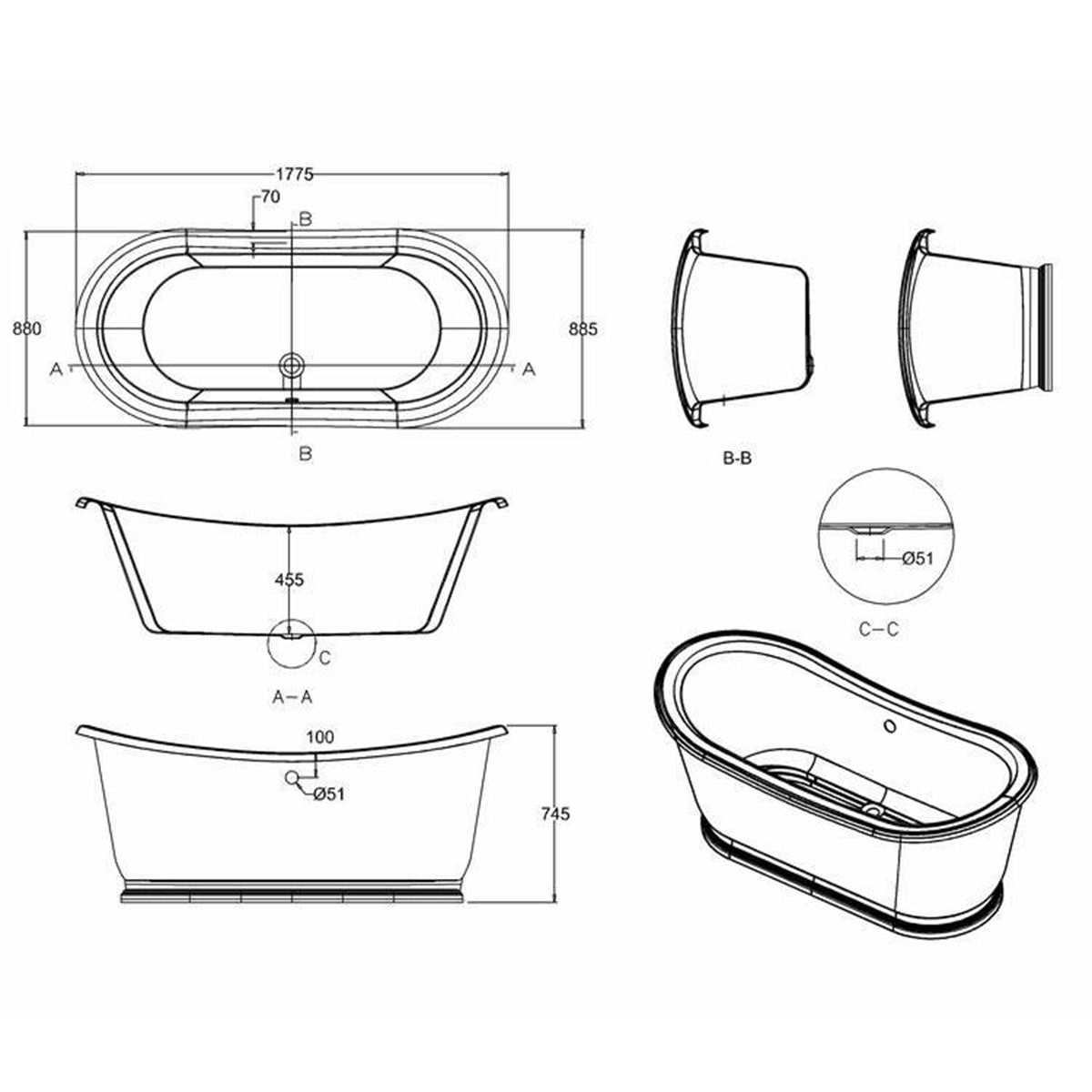Burlington Admiral Double Ended Bath Feature 1800mm Diagram Deluxe Bathrooms Ireland