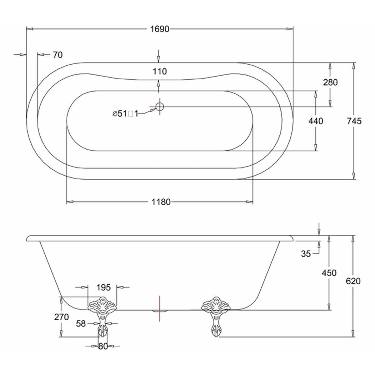 Burlington Bateau Double-Ended 1700mm Diagram Deluxe Bathrooms Ireland