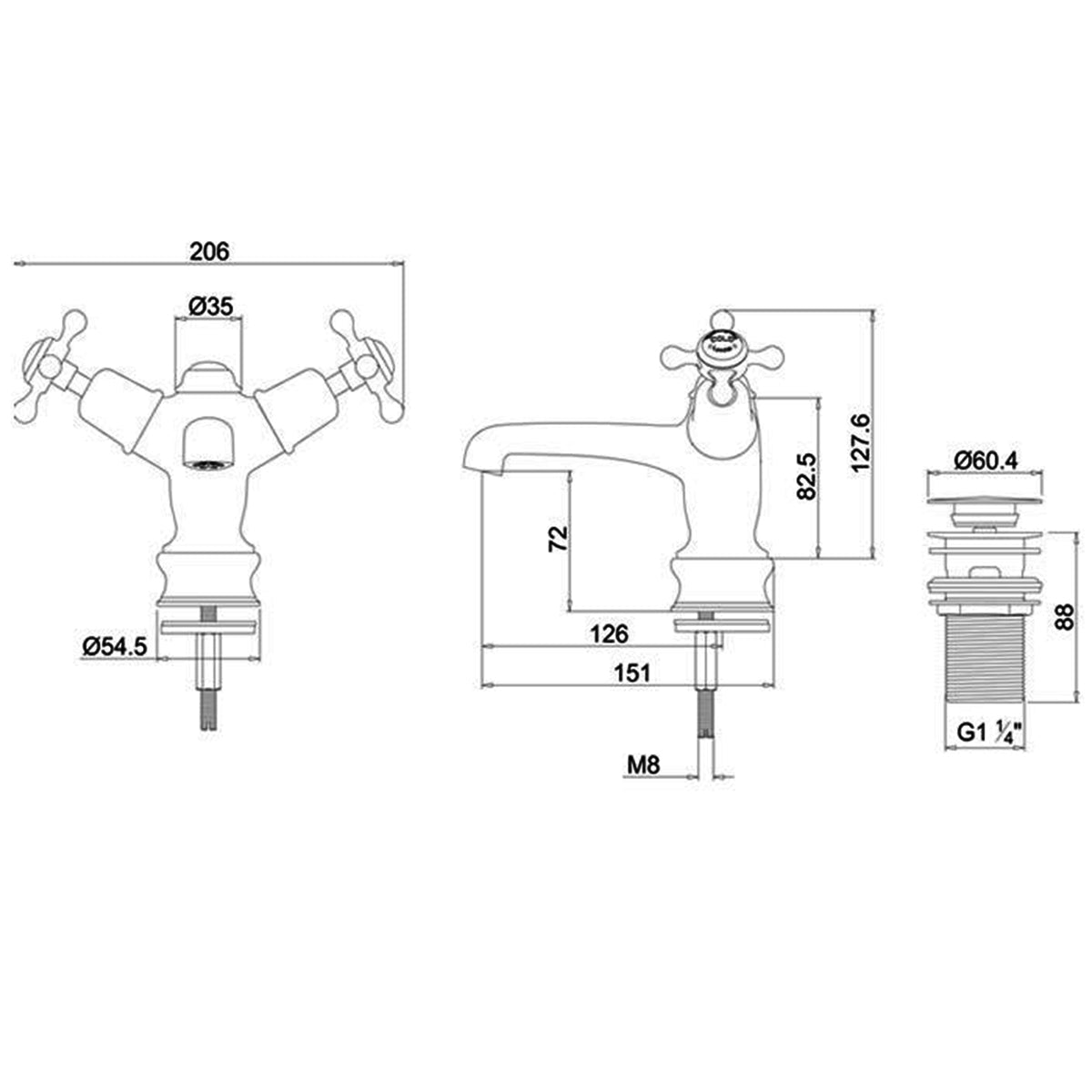 Burlington Claremont Basin Mixer With High Central Indice With Click Clack Waste Dimensions Deluxe Bathrooms Ireland