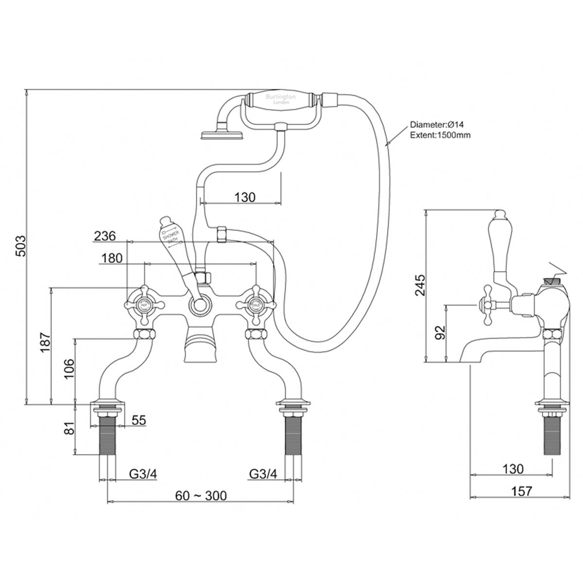 Burlington Claremont Deck Mounted Bath Shower Mixer With S Adjuster Deluxe Bathrooms Ireland