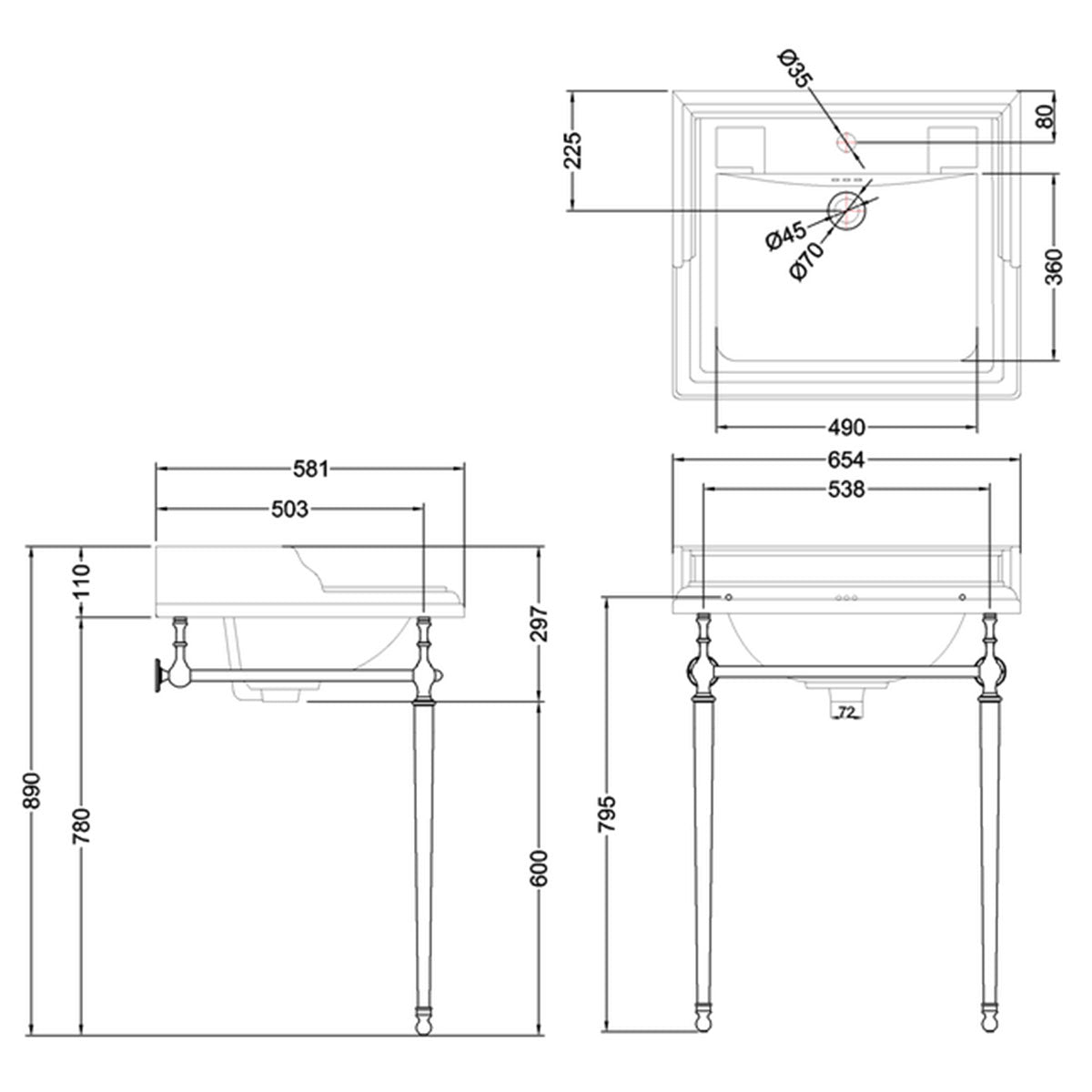 Burlington Classic 650 Rectangular Basin With Washstand Diagram Deluxe Bathrooms Ireland
